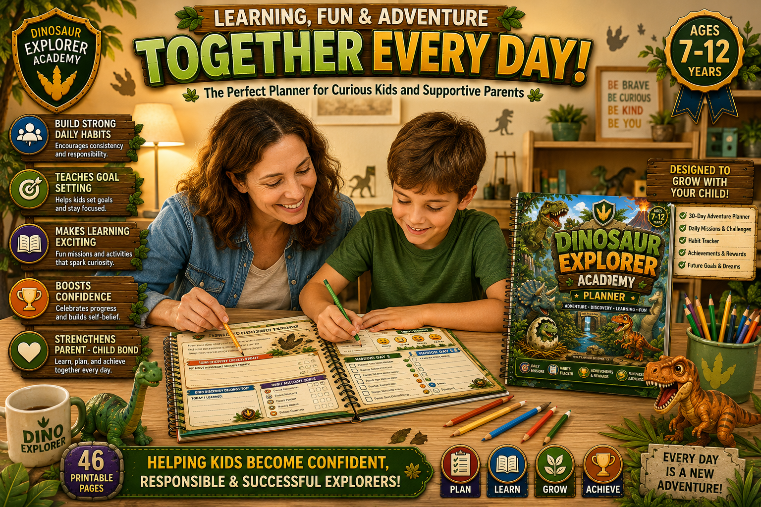 Dinosaur Explorer Kids Planner – Printable Daily Planner for Kids Ages 7–12 | Goal Setting, Habit Tracker & Learning Workbook