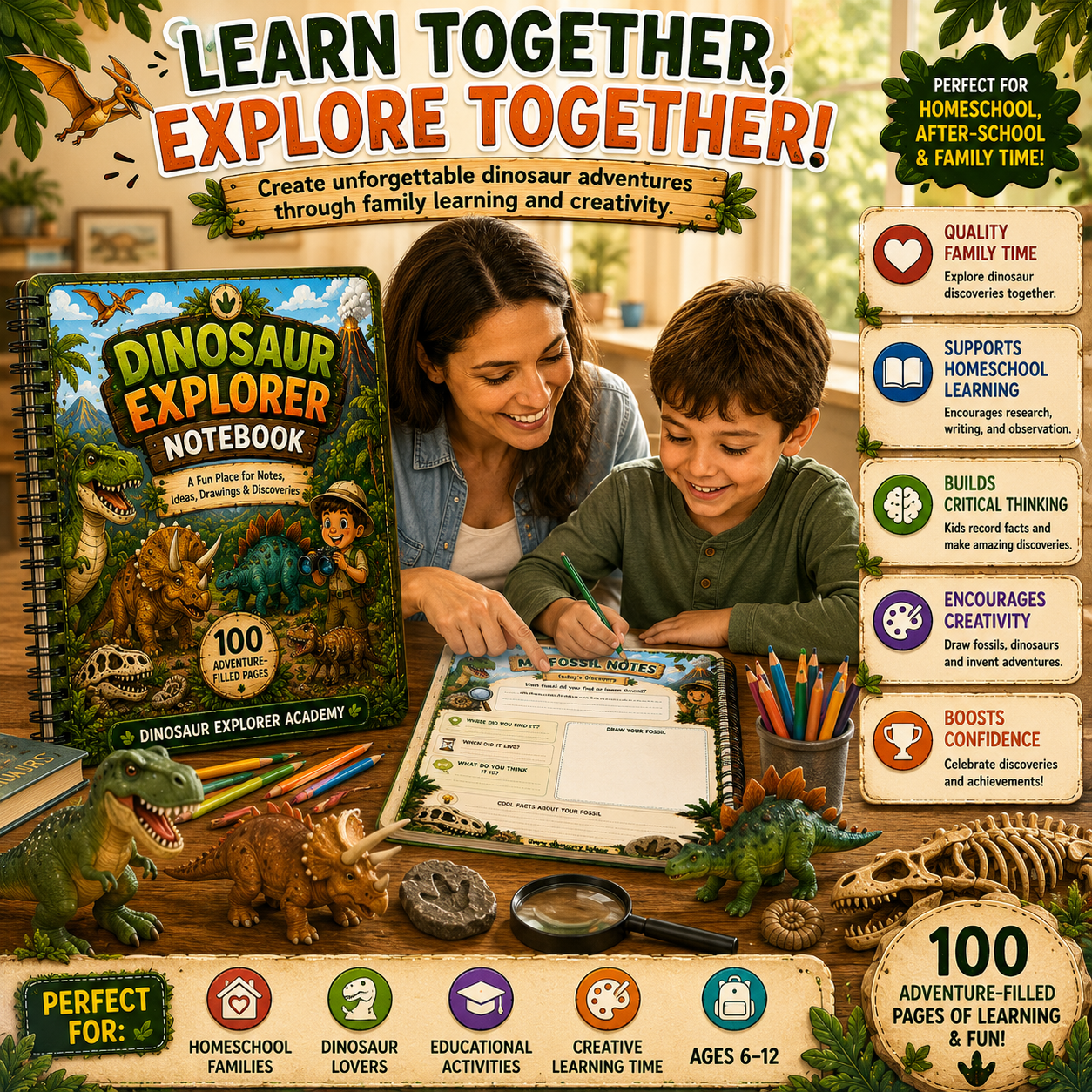 Dinosaur Explorer Kids Notebook – Printable Writing & Drawing Notebook for Kids Ages 7–12 | Digital PDF for School & Homeschool