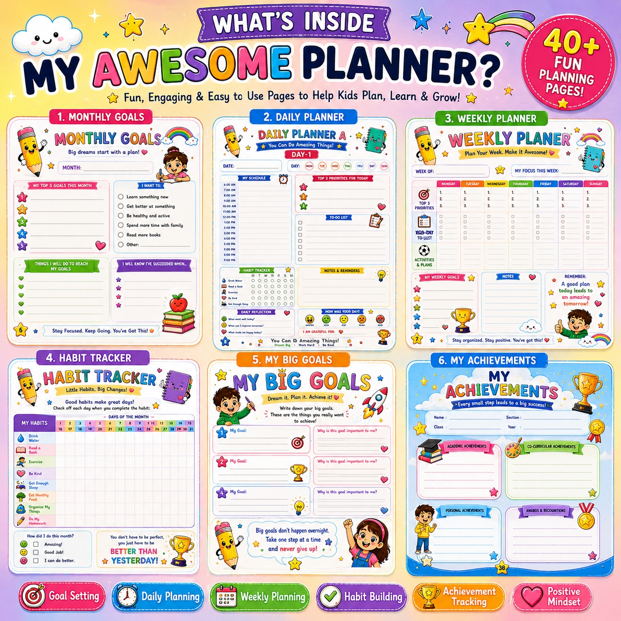 My Awesome Planner | Printable Kids Daily Planner PDF | 30-Day Planner Ages 7–12