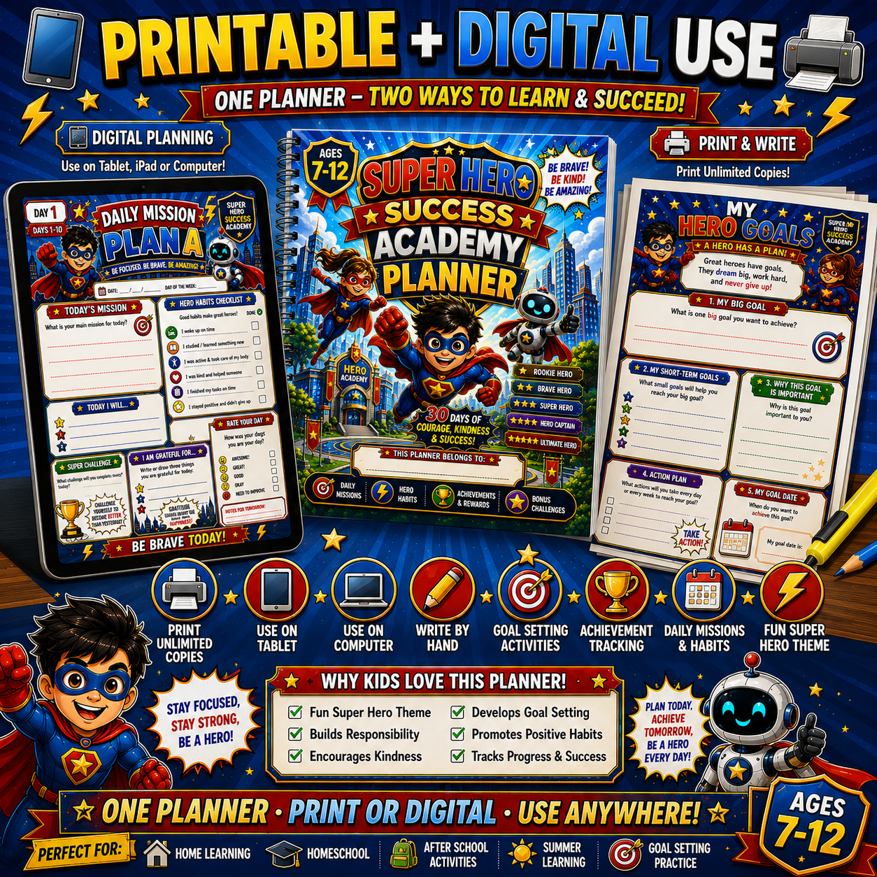 Super Hero Success Kids Planner – Printable Daily Planner for Kids Ages 7–12 | Goal Setting, Habit Tracker & Learning Workbook