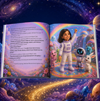 Open personalized storybook spread showing Maya celebrating with colorful space characters on Rainbow Planet