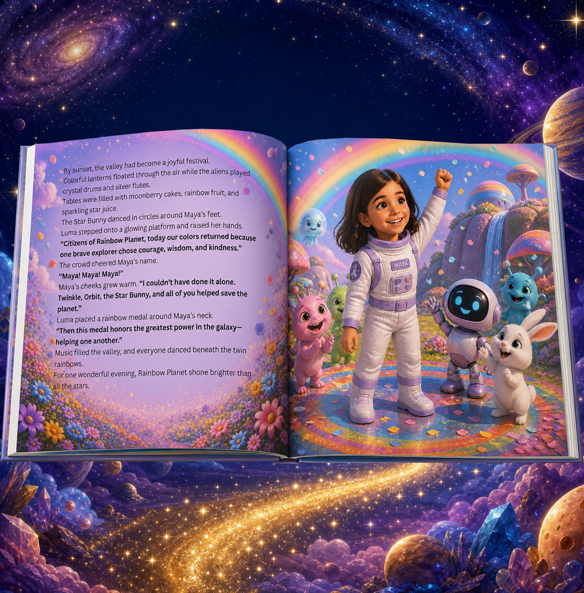 Open personalized storybook spread showing Maya celebrating with colorful space characters on Rainbow Planet