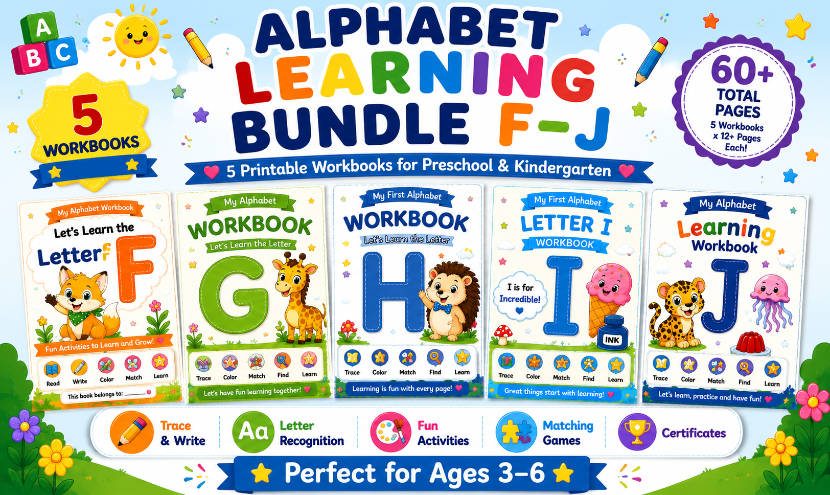Alphabet Learning Worksheets F–J – Printable Letter Tracing & Phonics Activities for Kids Ages 3–6 | Digital PDF