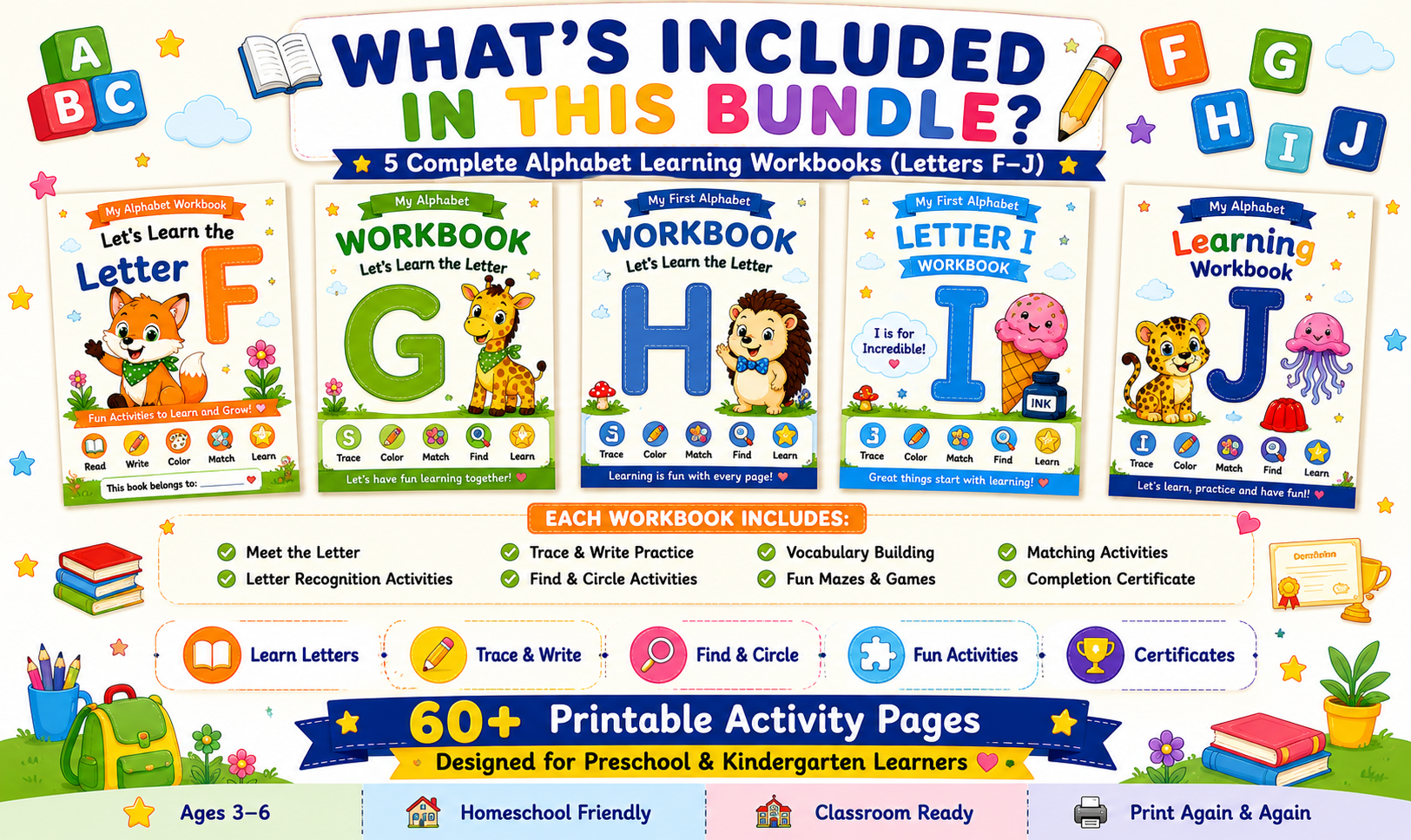 Alphabet Learning Worksheets F–J – Printable Letter Tracing & Phonics Activities for Kids Ages 3–6 | Digital PDF