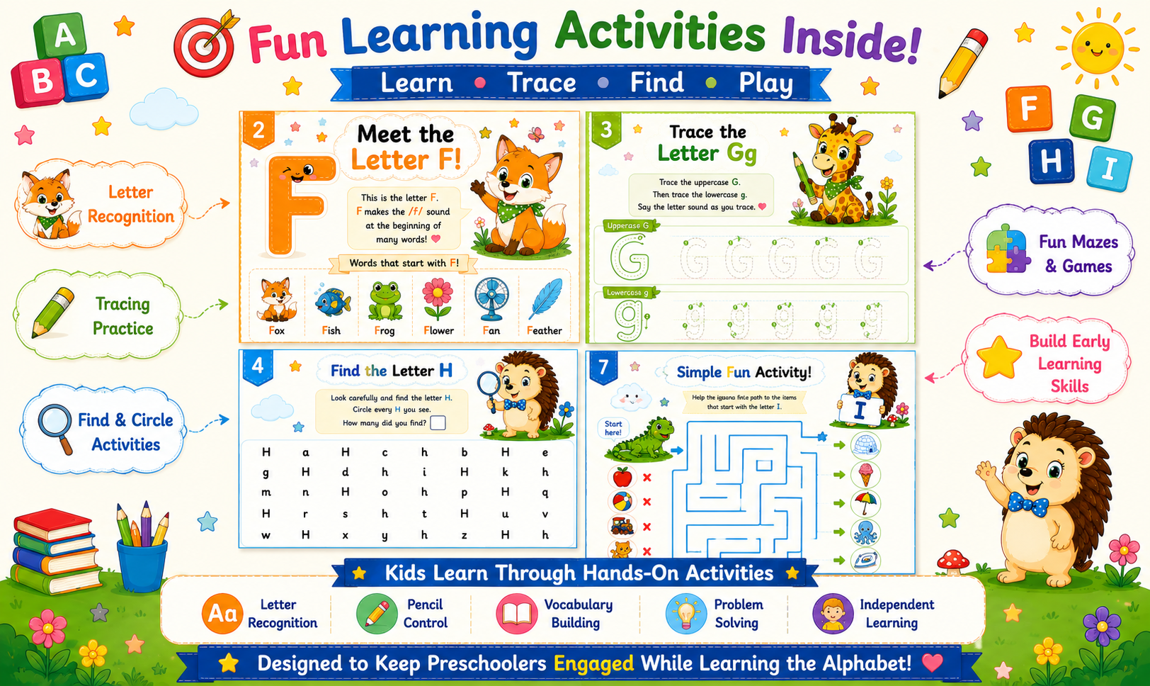 Alphabet Learning Worksheets F–J – Printable Letter Tracing & Phonics Activities for Kids Ages 3–6 | Digital PDF