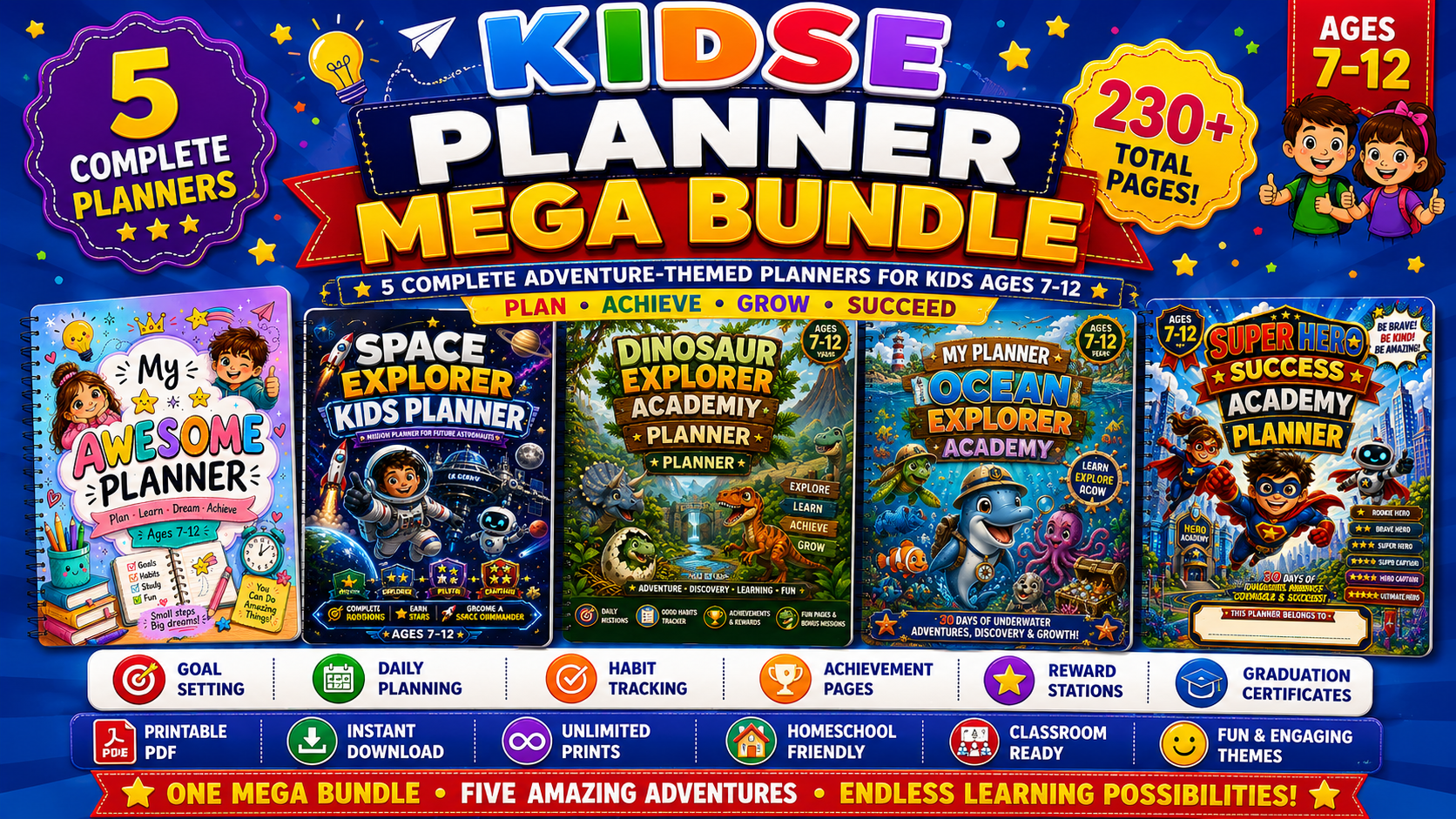 Kids Planner Mega Bundle – 5 Printable Daily Planners for Kids Ages 7–12 | Goal Setting, Habit Trackers & PDF Bundle