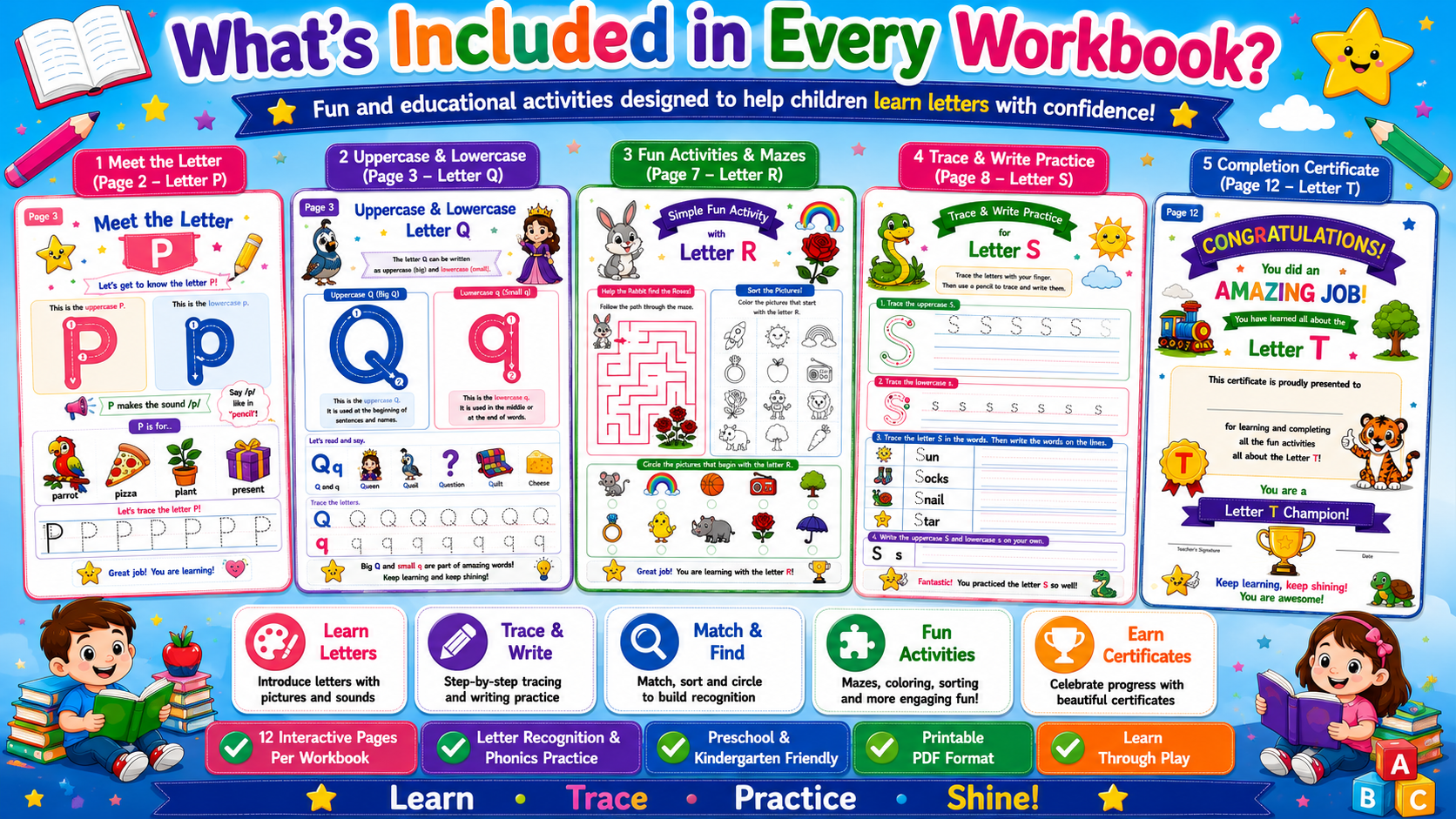 Alphabet Learning Worksheets P–T – Printable Letter Tracing & Phonics Activities for Kids Ages 3–6 | Digital PDF