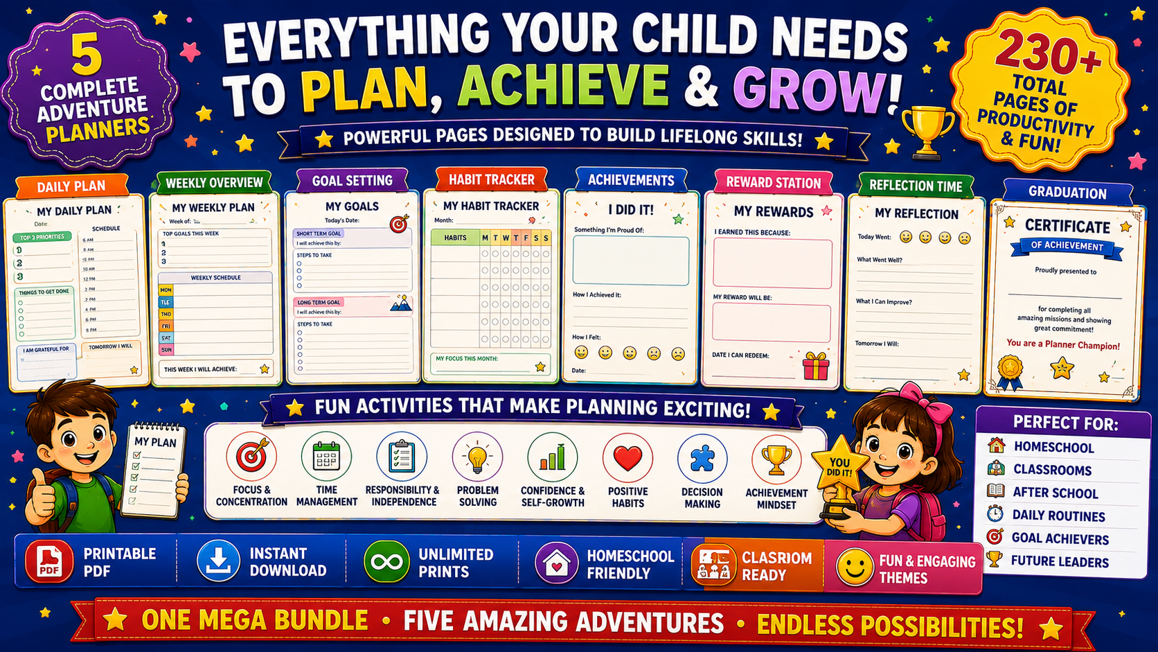 Kids Planner Mega Bundle – 5 Printable Daily Planners for Kids Ages 7–12 | Goal Setting, Habit Trackers & PDF Bundle
