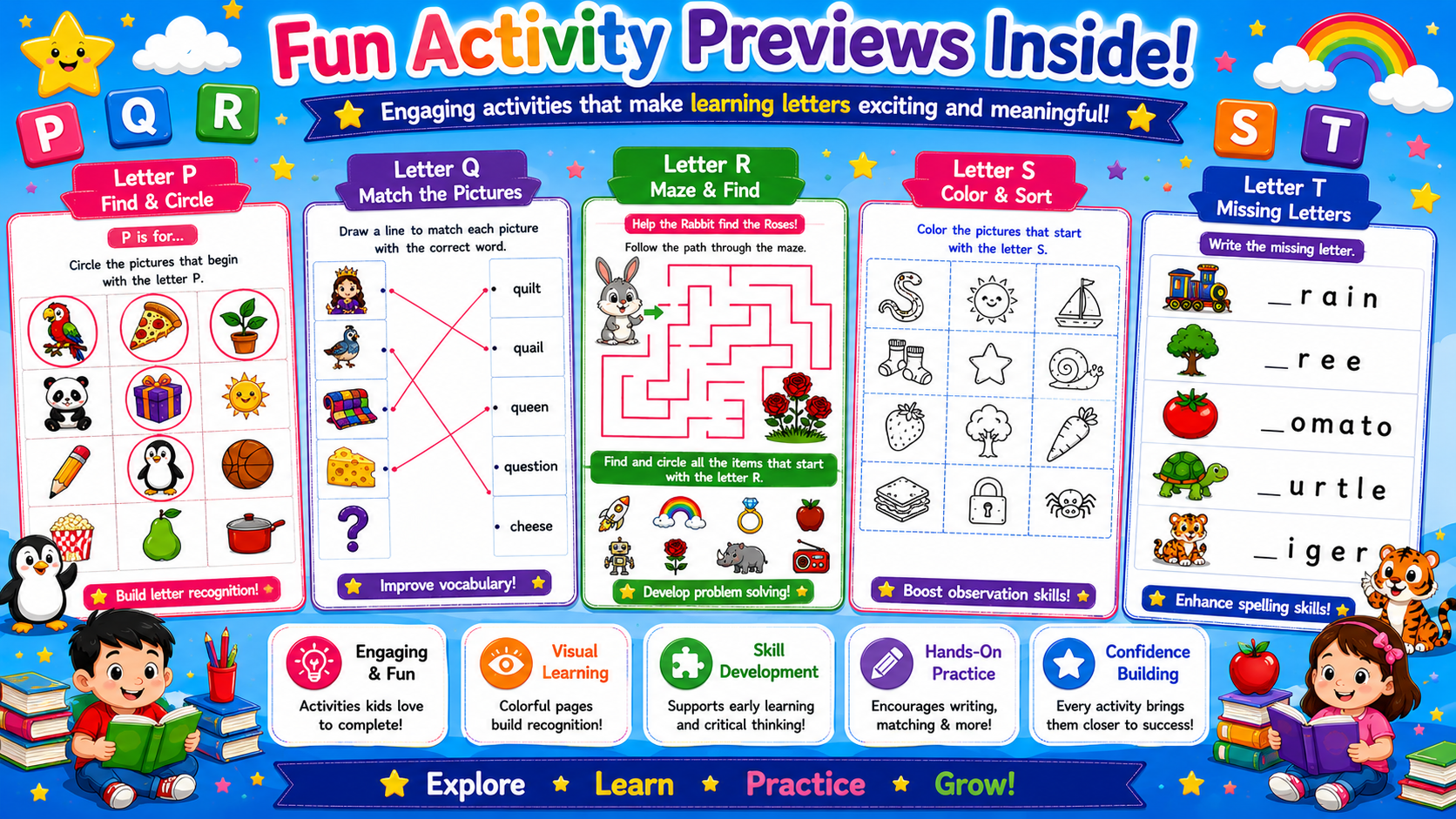 Alphabet Learning Worksheets P–T – Printable Letter Tracing & Phonics Activities for Kids Ages 3–6 | Digital PDF