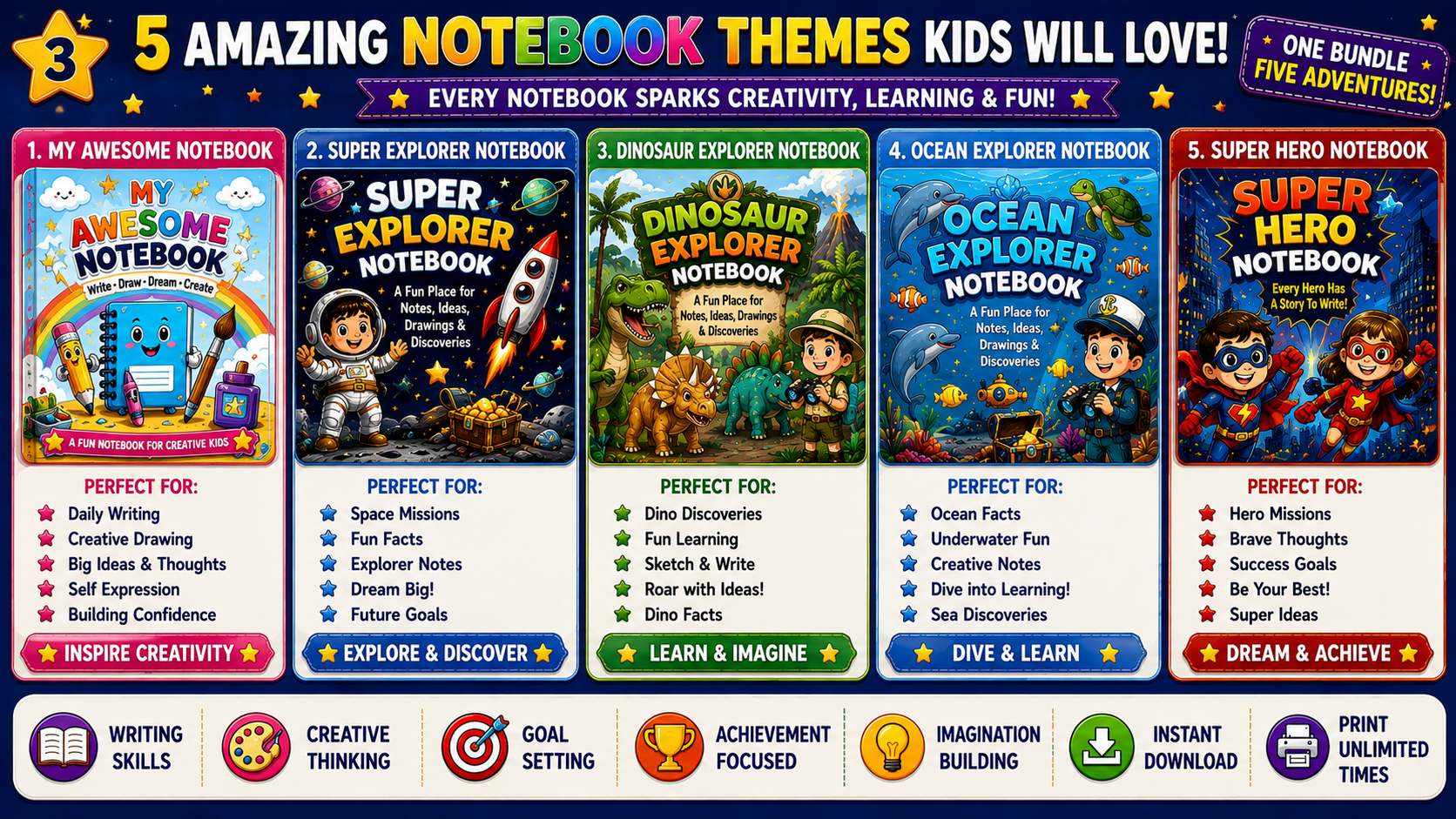 Kids Notebook Mega Bundle – 5 Printable Writing & Drawing Notebooks for Kids Ages 7–12 | Digital PDF Bundle
