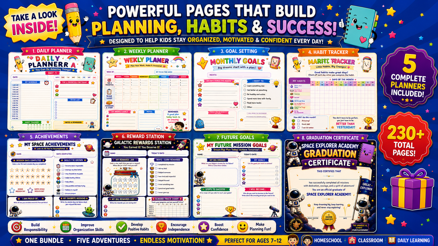 Kids Planner Mega Bundle – 5 Printable Daily Planners for Kids Ages 7–12 | Goal Setting, Habit Trackers & PDF Bundle