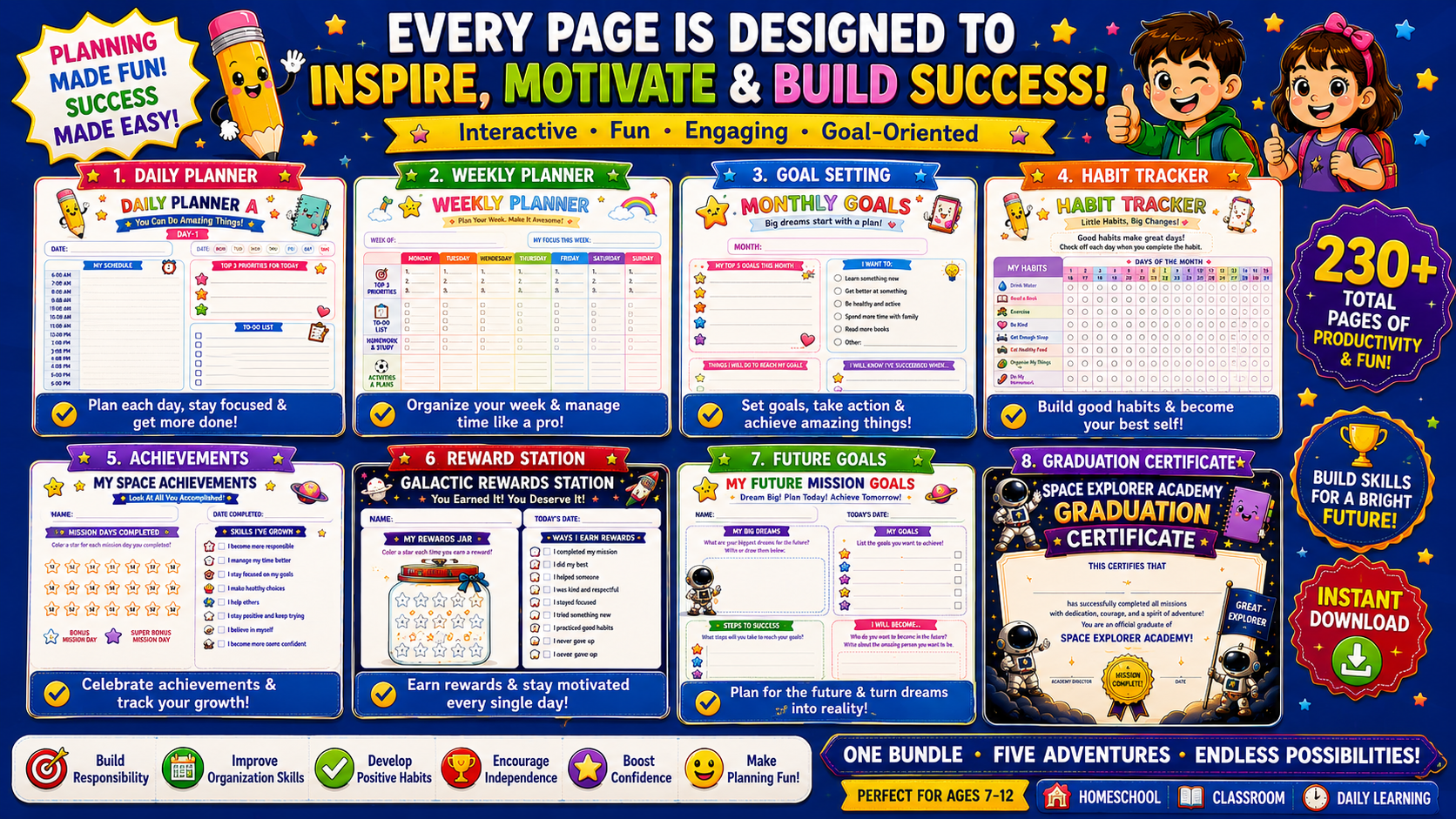 Kids Planner Mega Bundle – 5 Printable Daily Planners for Kids Ages 7–12 | Goal Setting, Habit Trackers & PDF Bundle
