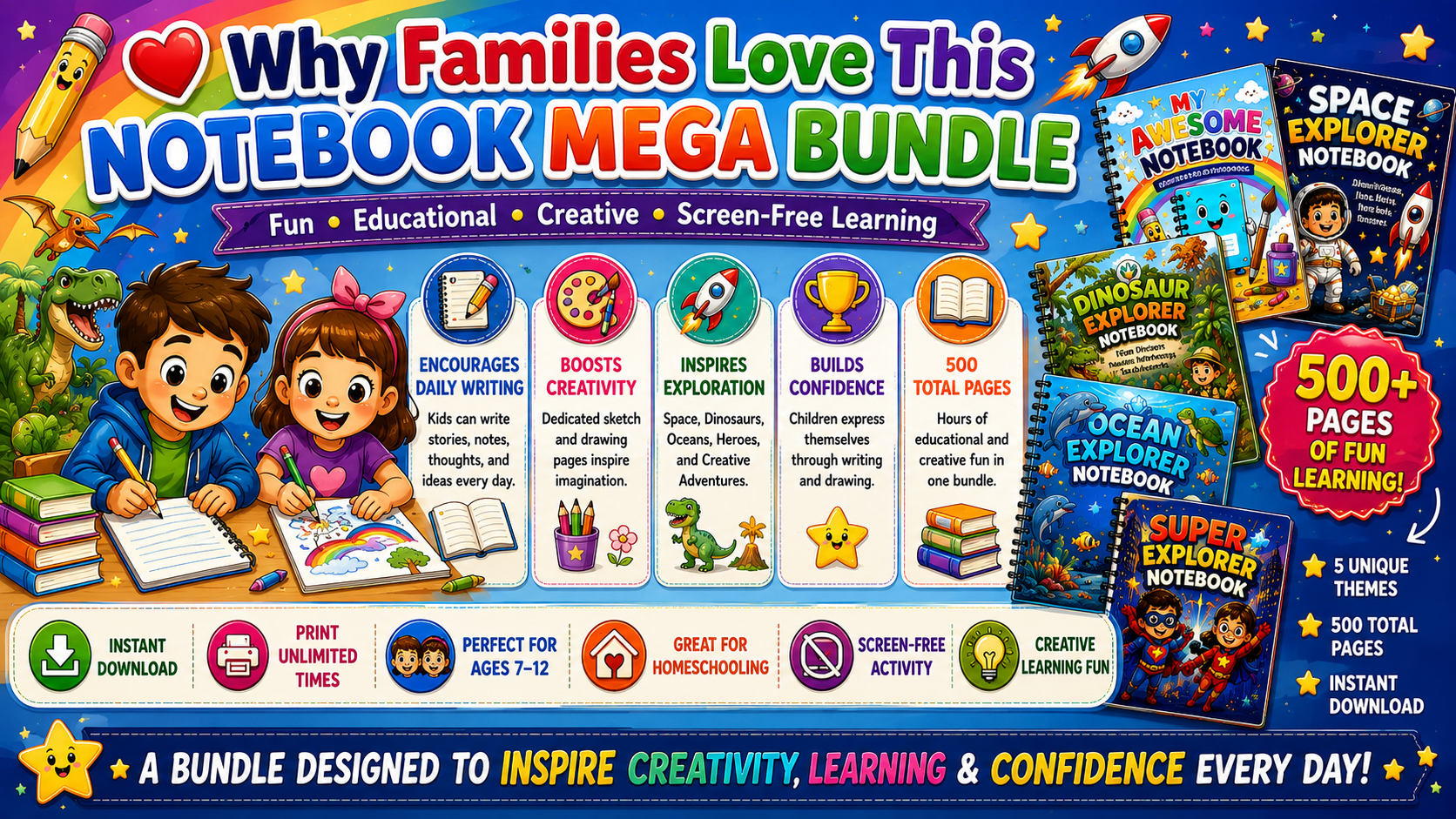 Kids Notebook Mega Bundle – 5 Printable Writing & Drawing Notebooks for Kids Ages 7–12 | Digital PDF Bundle