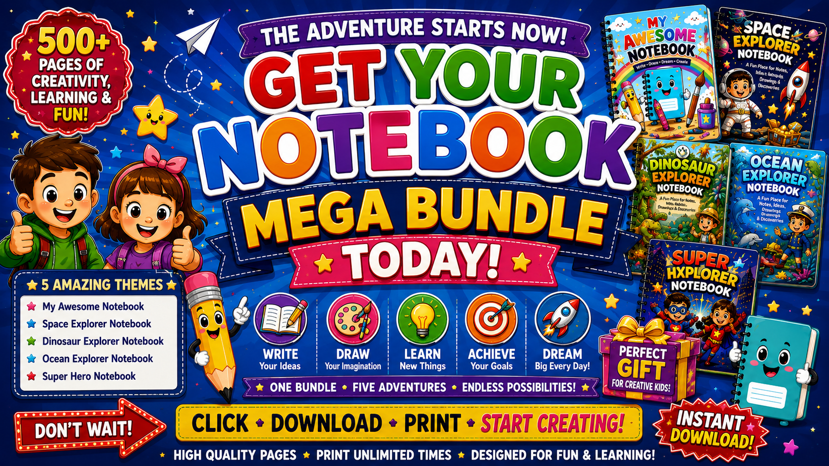 Kids Notebook Mega Bundle – 5 Printable Writing & Drawing Notebooks for Kids Ages 7–12 | Digital PDF Bundle
