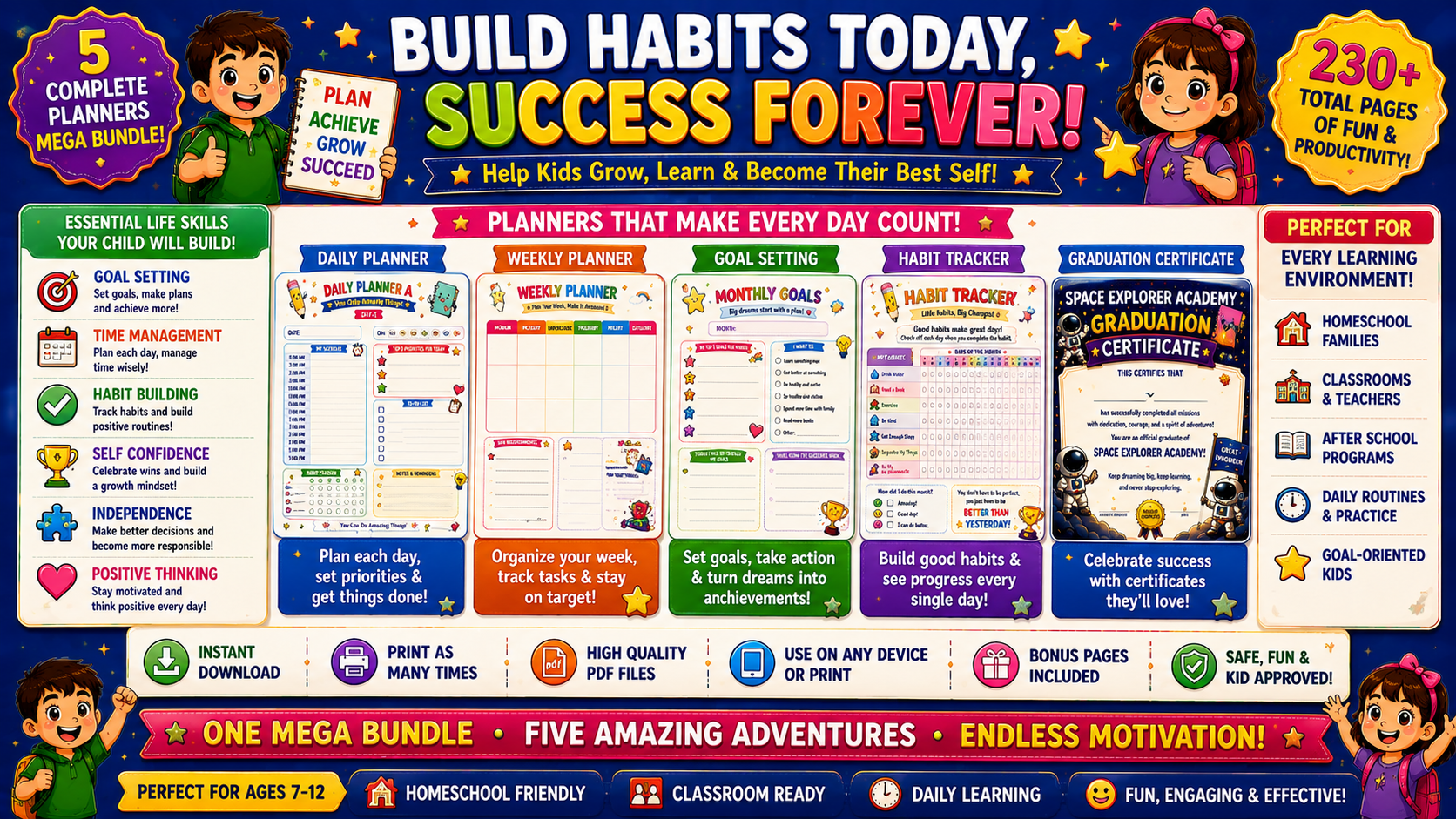 Kids Planner Mega Bundle – 5 Printable Daily Planners for Kids Ages 7–12 | Goal Setting, Habit Trackers & PDF Bundle