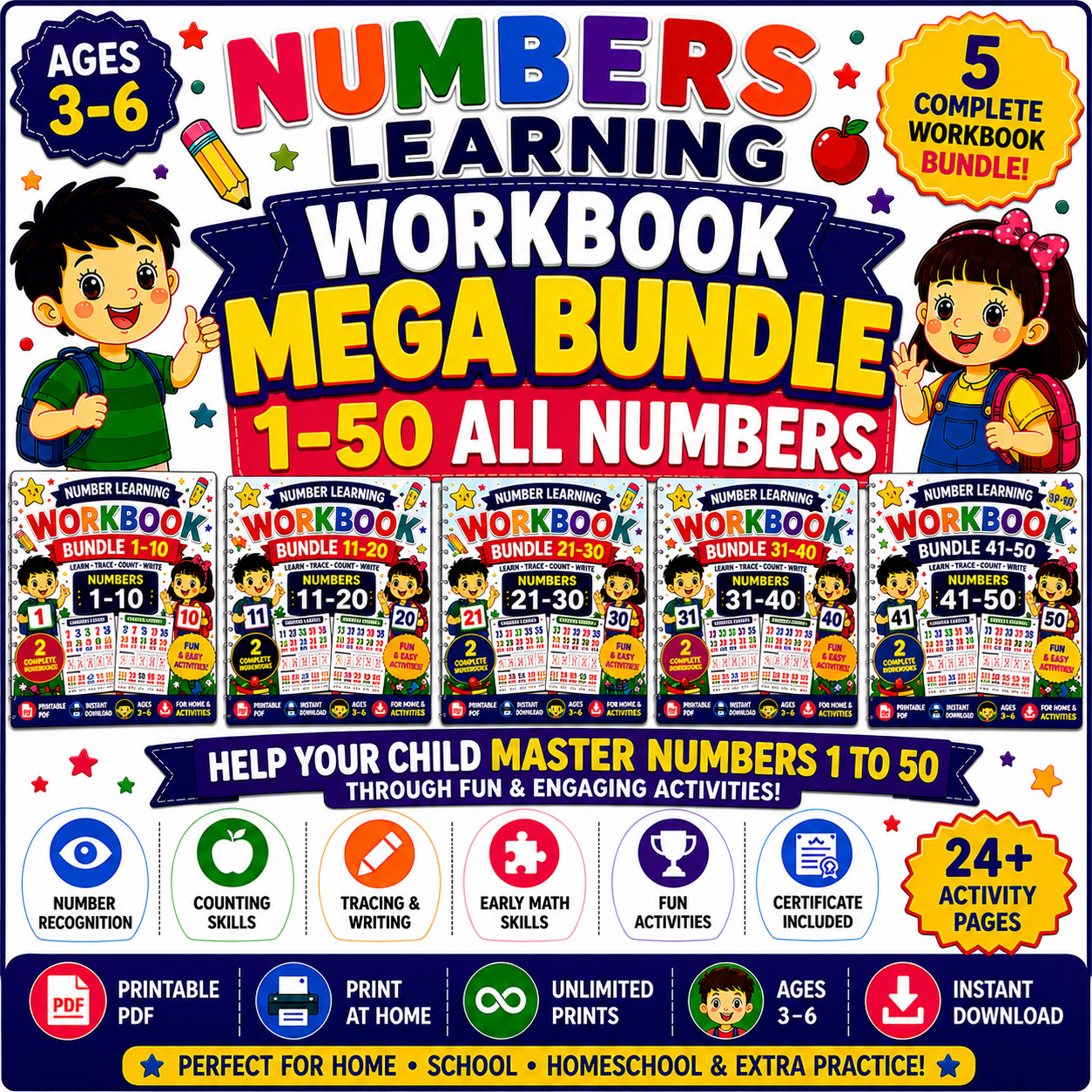 Number Learning Mega Bundle 1–50 – 5 Printable Counting, Number Tracing & Math Worksheet Sets for Kids Ages 3–6 | Digital PDF Bundle