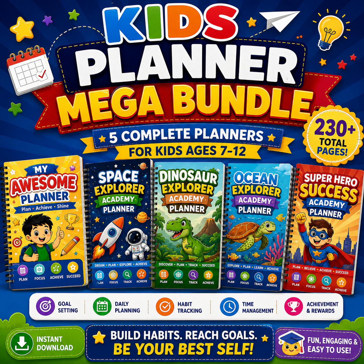 Kids Planner Mega Bundle – 5 Printable Daily Planners for Kids Ages 7–12 | Goal Setting, Habit Trackers & PDF Bundle
