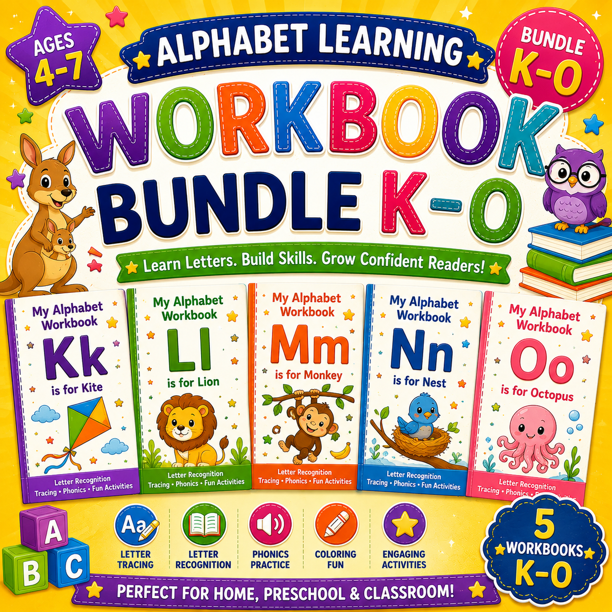 Alphabet Learning Worksheets K–O – Printable Letter Tracing & Phonics Activities for Kids Ages 3–6 | Digital PDF