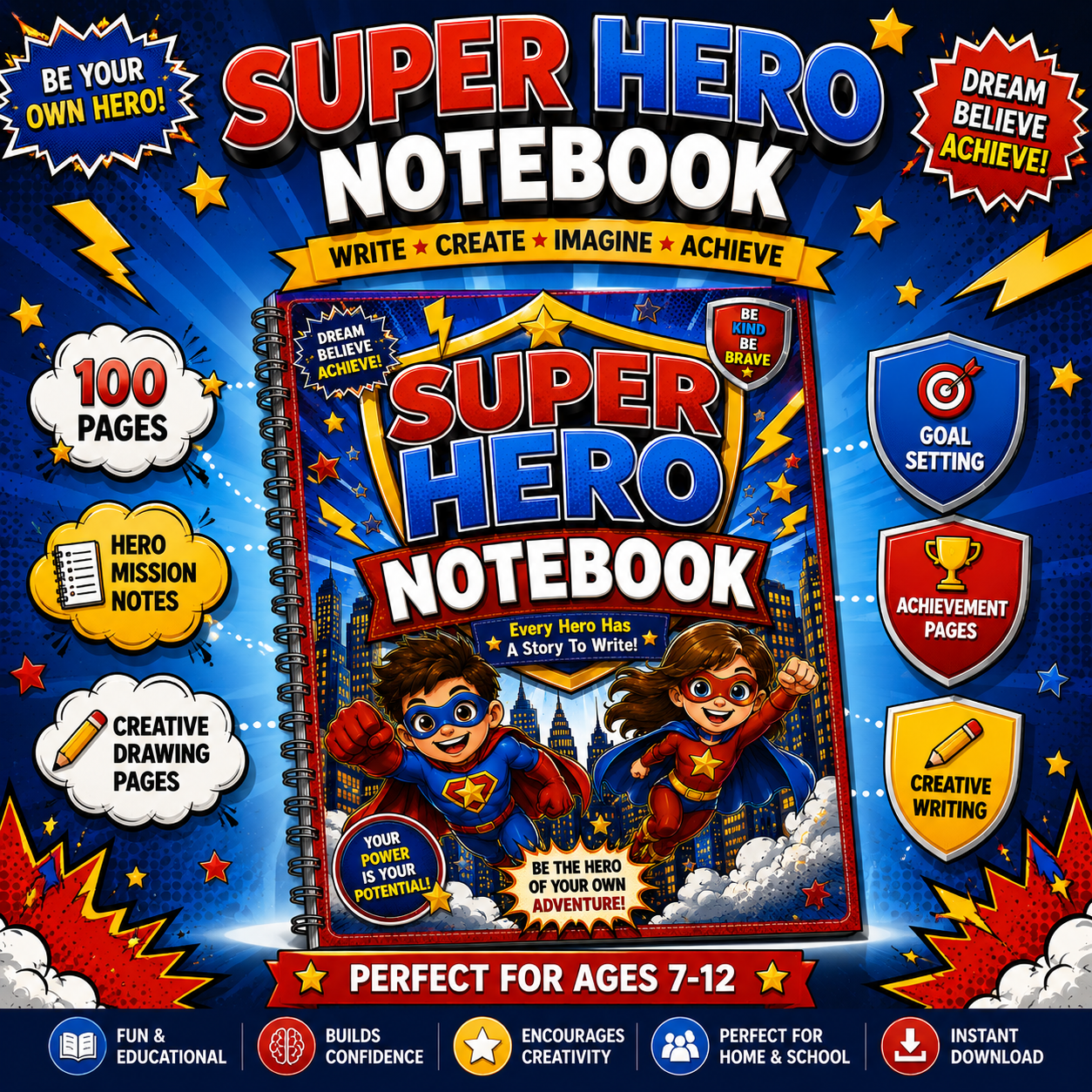 Super Hero Kids Notebook – Printable Writing & Drawing Notebook for Kids Ages 7–12 | Digital PDF for School & Homeschool