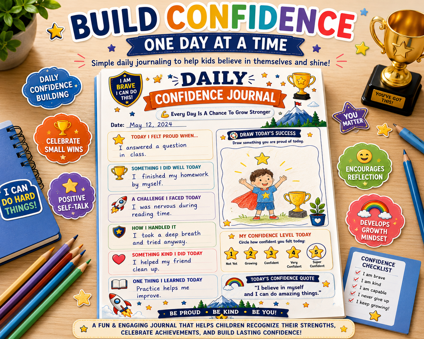 My Confidence Journal for Kids – Printable Self-Esteem & Reflection Journal for Ages 7–12 | Digital PDF for Home & School