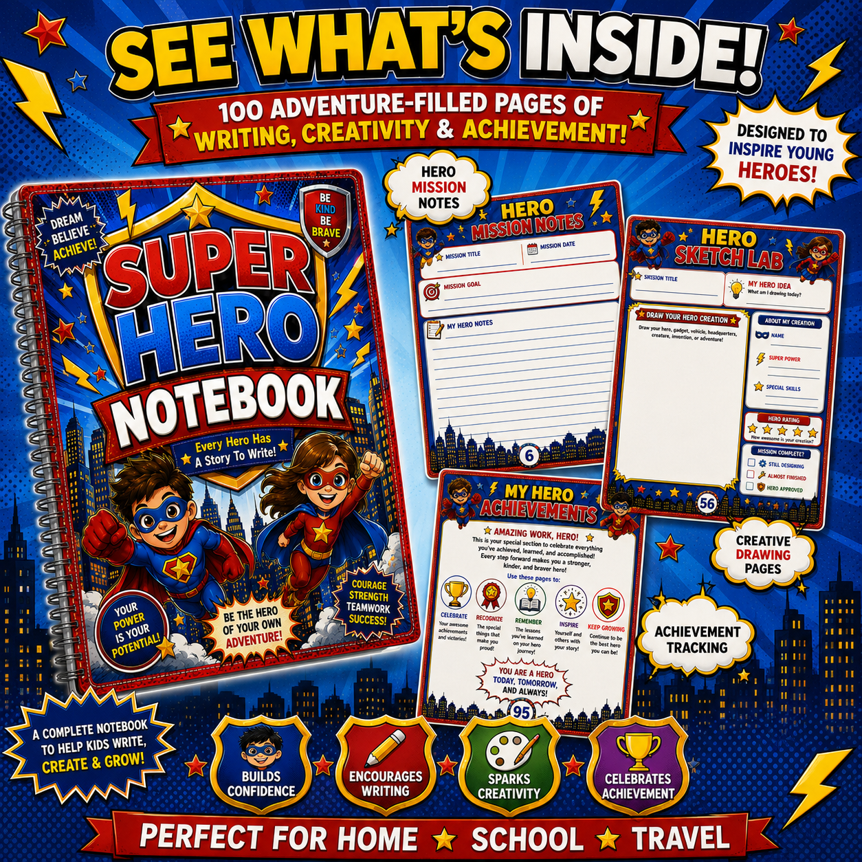 Super Hero Kids Notebook – Printable Writing & Drawing Notebook for Kids Ages 7–12 | Digital PDF for School & Homeschool