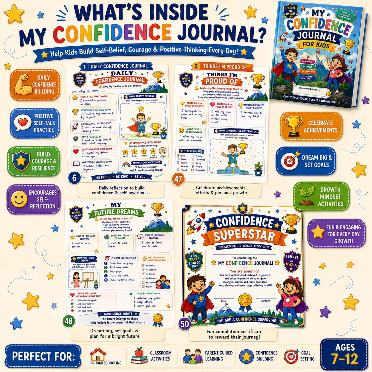 My Confidence Journal for Kids – Printable Self-Esteem & Reflection Journal for Ages 7–12 | Digital PDF for Home & School