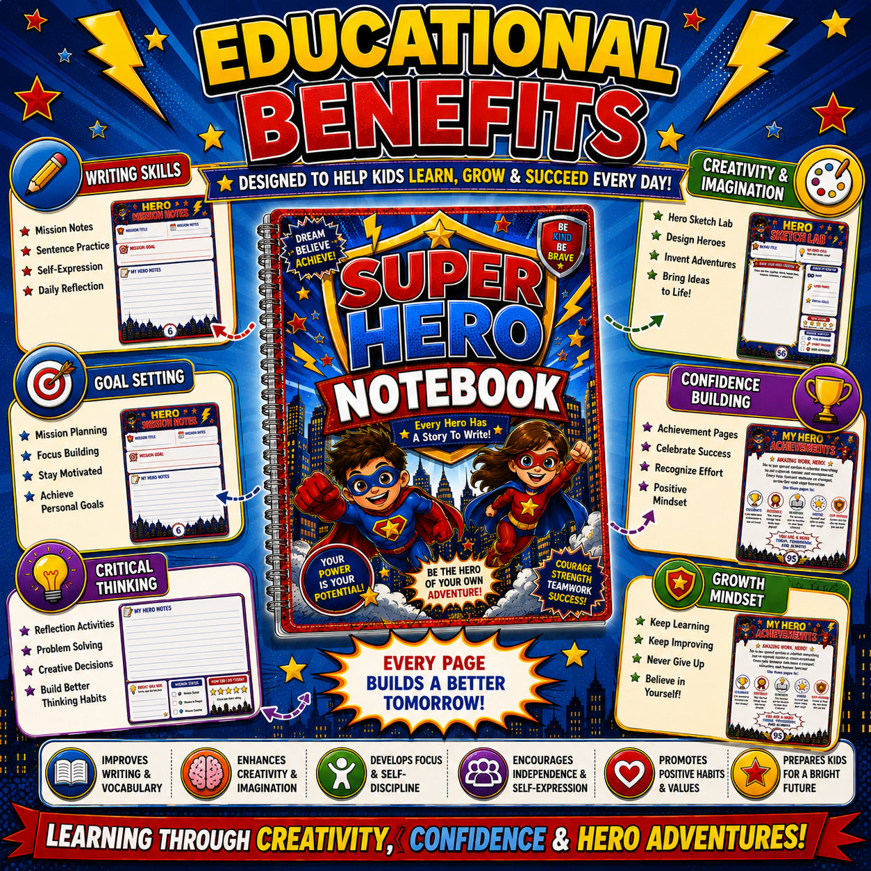 Super Hero Kids Notebook – Printable Writing & Drawing Notebook for Kids Ages 7–12 | Digital PDF for School & Homeschool