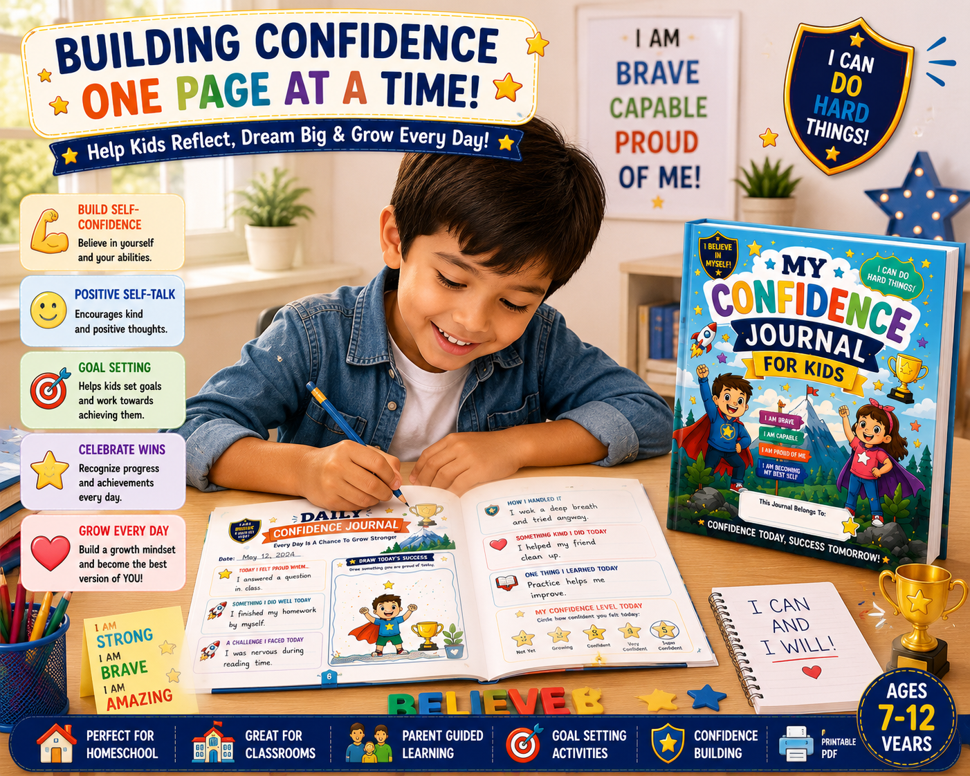 My Confidence Journal for Kids – Printable Self-Esteem & Reflection Journal for Ages 7–12 | Digital PDF for Home & School