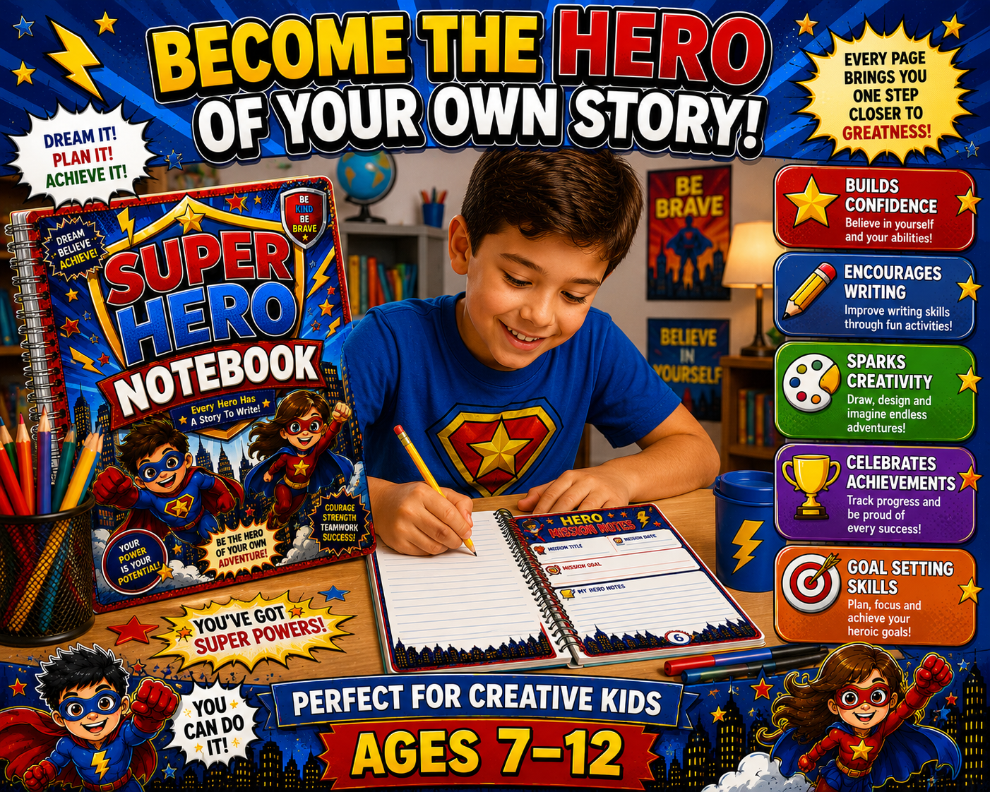 Super Hero Kids Notebook – Printable Writing & Drawing Notebook for Kids Ages 7–12 | Digital PDF for School & Homeschool