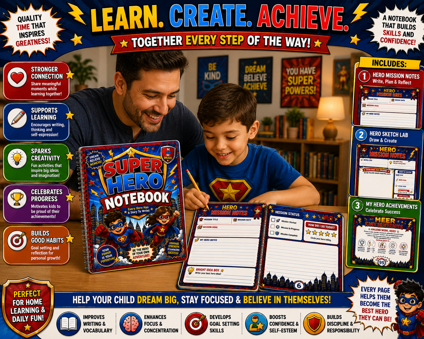 Super Hero Kids Notebook – Printable Writing & Drawing Notebook for Kids Ages 7–12 | Digital PDF for School & Homeschool