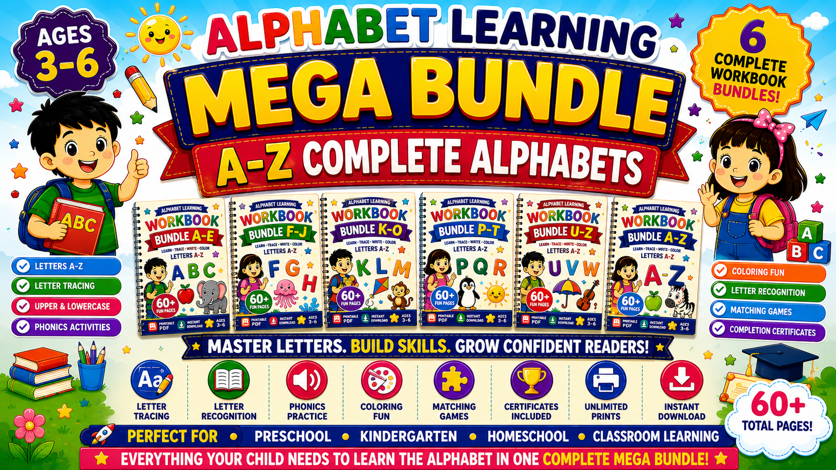 Alphabet Learning Mega Bundle A–Z – 5 Printable Letter Tracing & Phonics Worksheet Sets for Kids Ages 3–6 | Digital PDF Bundle
