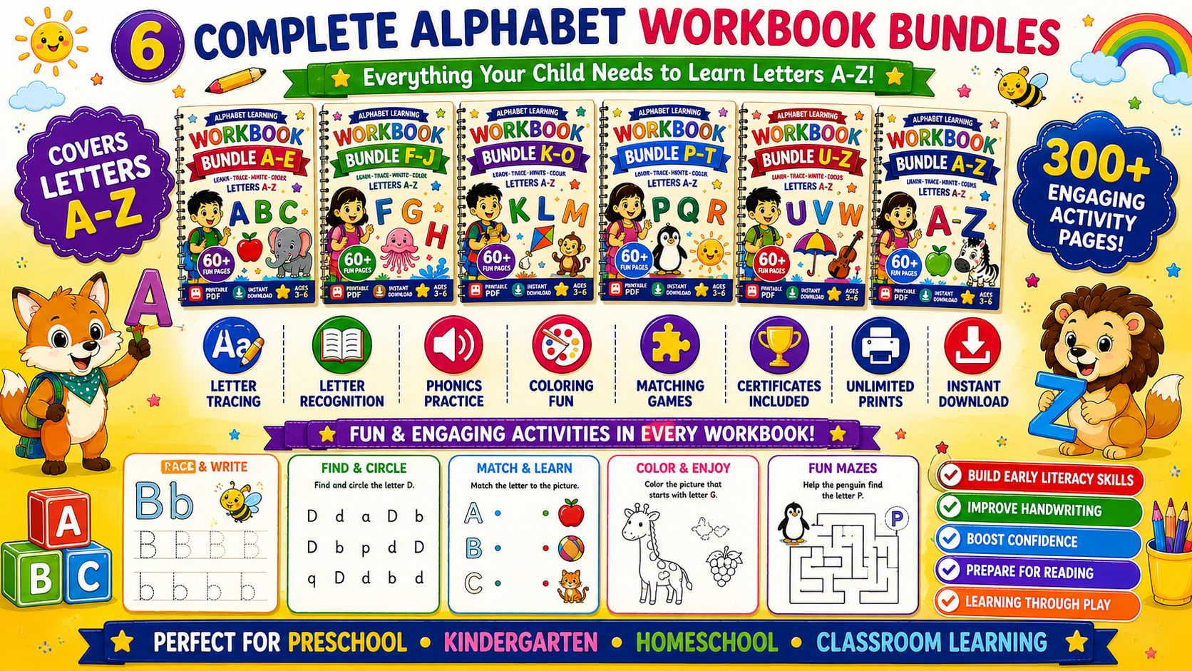Alphabet Learning Mega Bundle A–Z – 5 Printable Letter Tracing & Phonics Worksheet Sets for Kids Ages 3–6 | Digital PDF Bundle