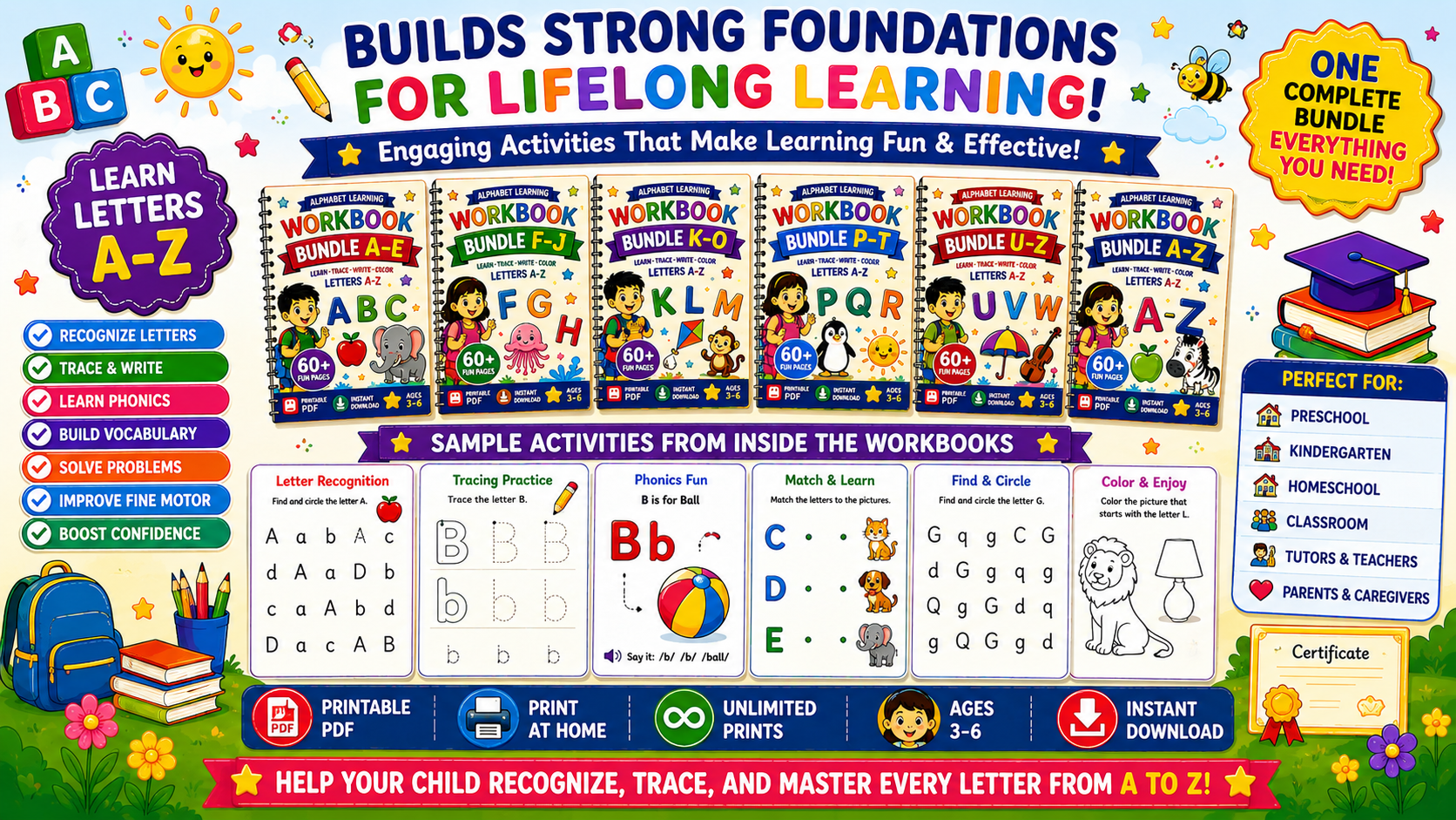 Alphabet Learning Mega Bundle A–Z – 5 Printable Letter Tracing & Phonics Worksheet Sets for Kids Ages 3–6 | Digital PDF Bundle