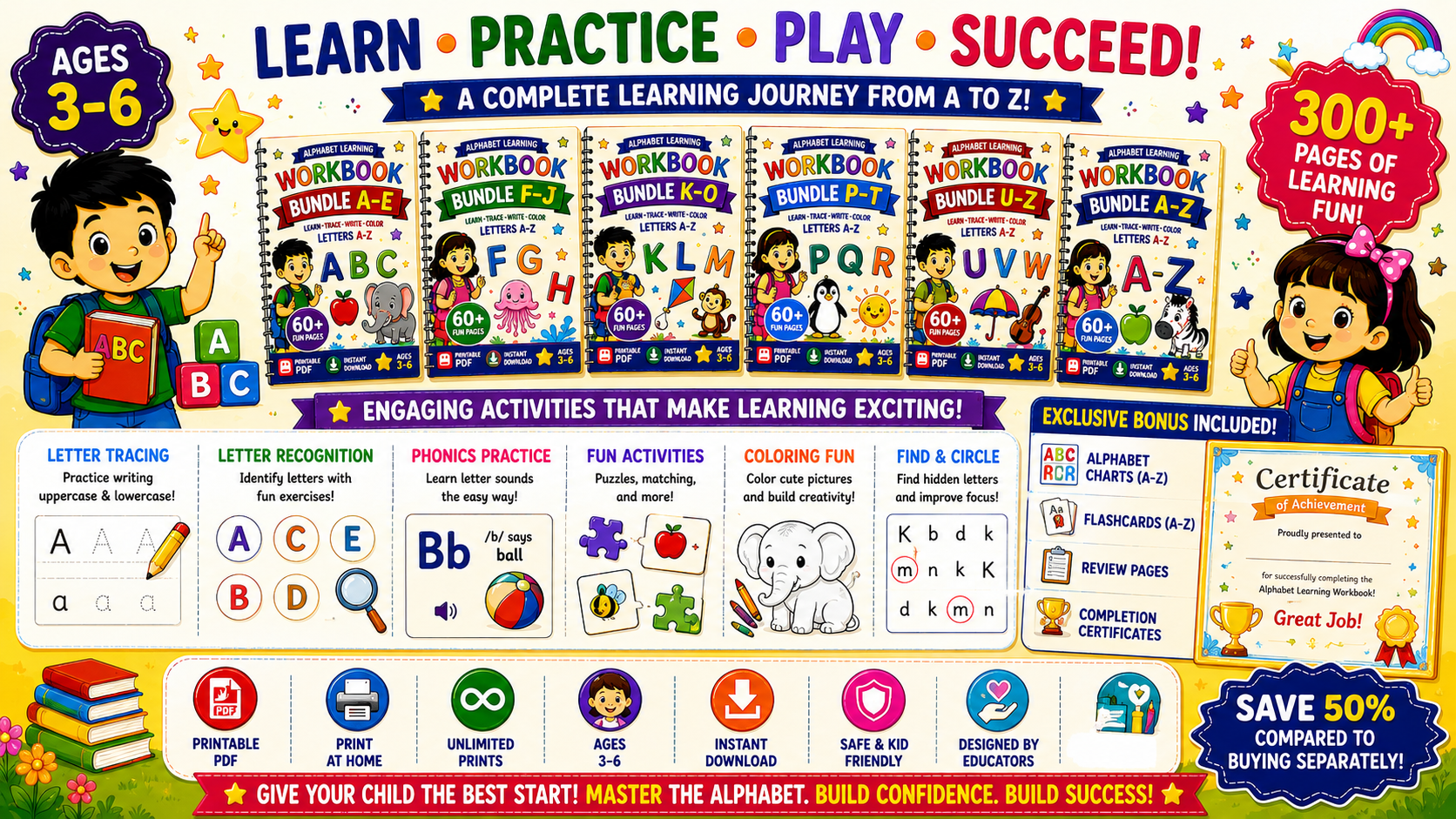 Alphabet Learning Mega Bundle A–Z – 5 Printable Letter Tracing & Phonics Worksheet Sets for Kids Ages 3–6 | Digital PDF Bundle