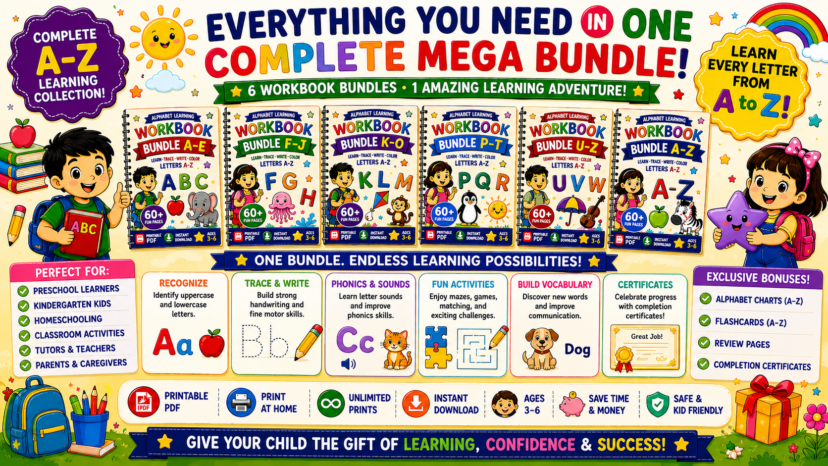 Alphabet Learning Mega Bundle A–Z – 5 Printable Letter Tracing & Phonics Worksheet Sets for Kids Ages 3–6 | Digital PDF Bundle