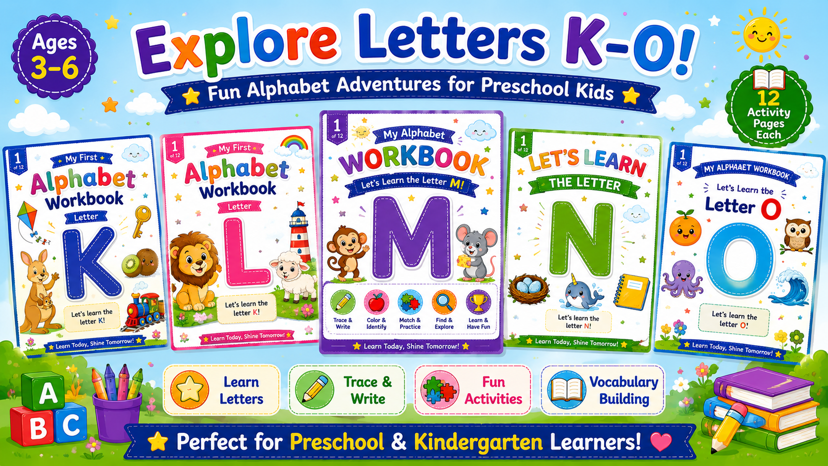 Alphabet Learning Worksheets K–O – Printable Letter Tracing & Phonics Activities for Kids Ages 3–6 | Digital PDF