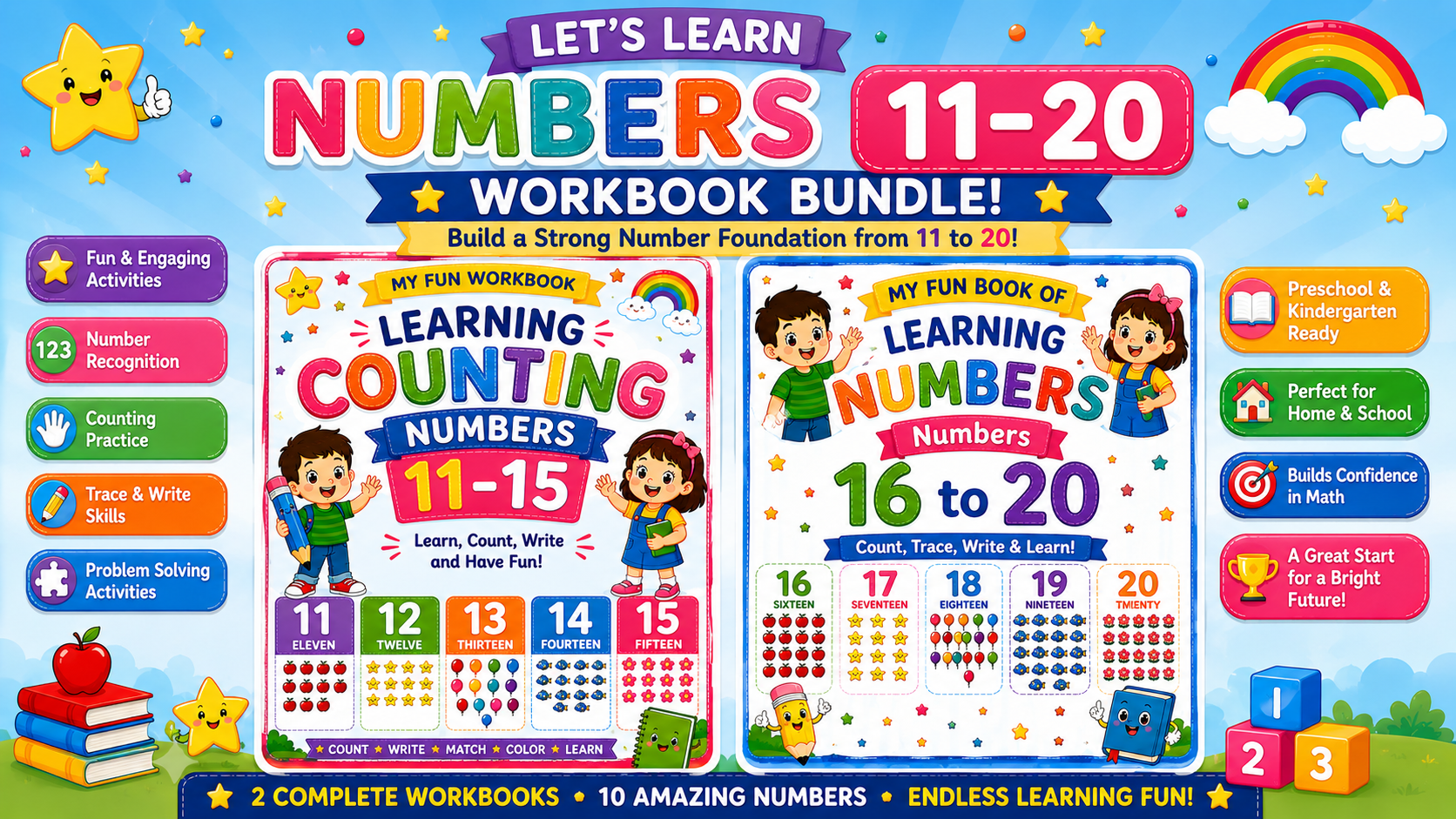 Number Learning Worksheets 11–20 – Printable Counting, Number Tracing & Math Activities for Kids Ages 3–6 | Digital PDF