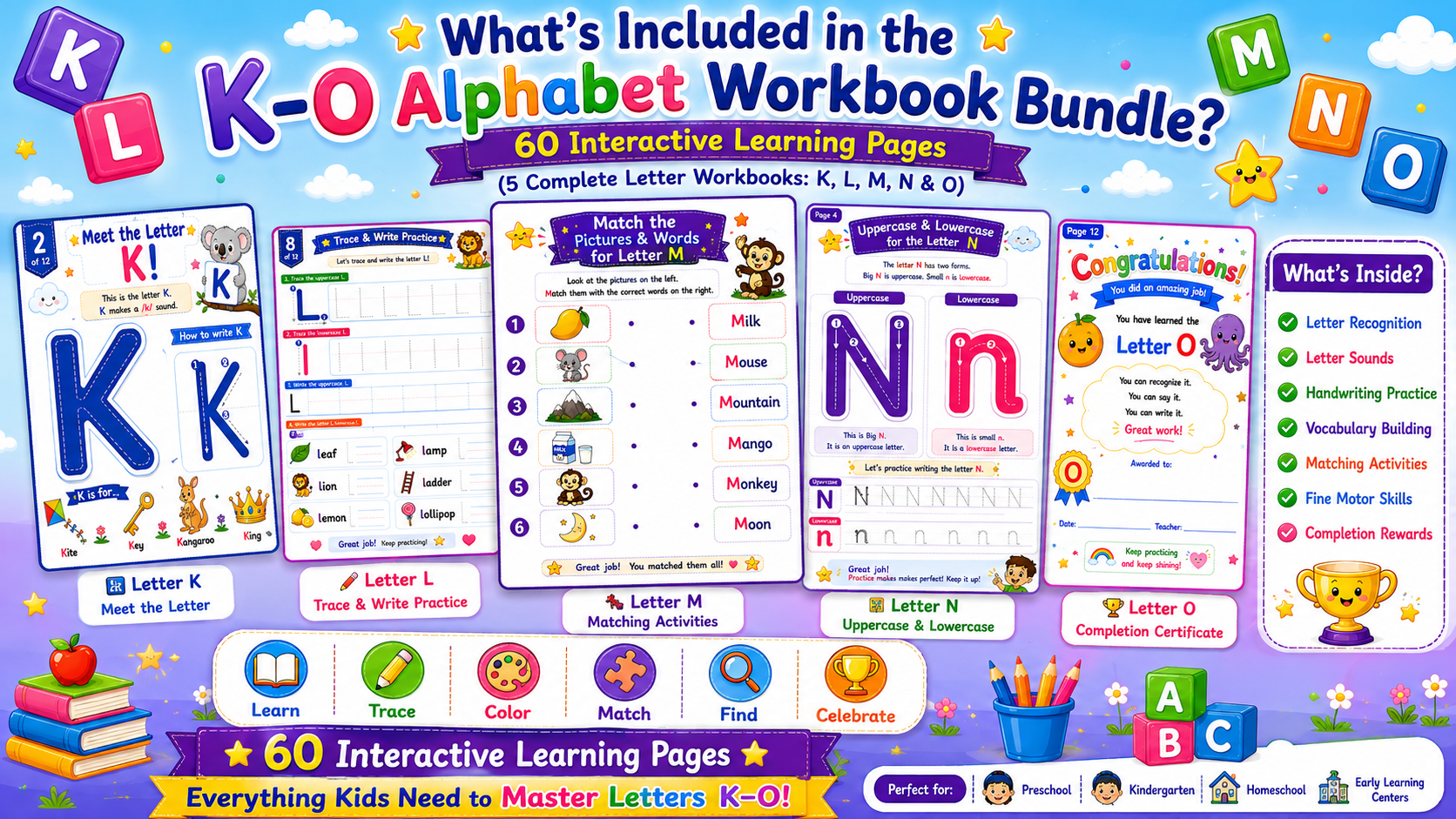 Alphabet Learning Worksheets K–O – Printable Letter Tracing & Phonics Activities for Kids Ages 3–6 | Digital PDF