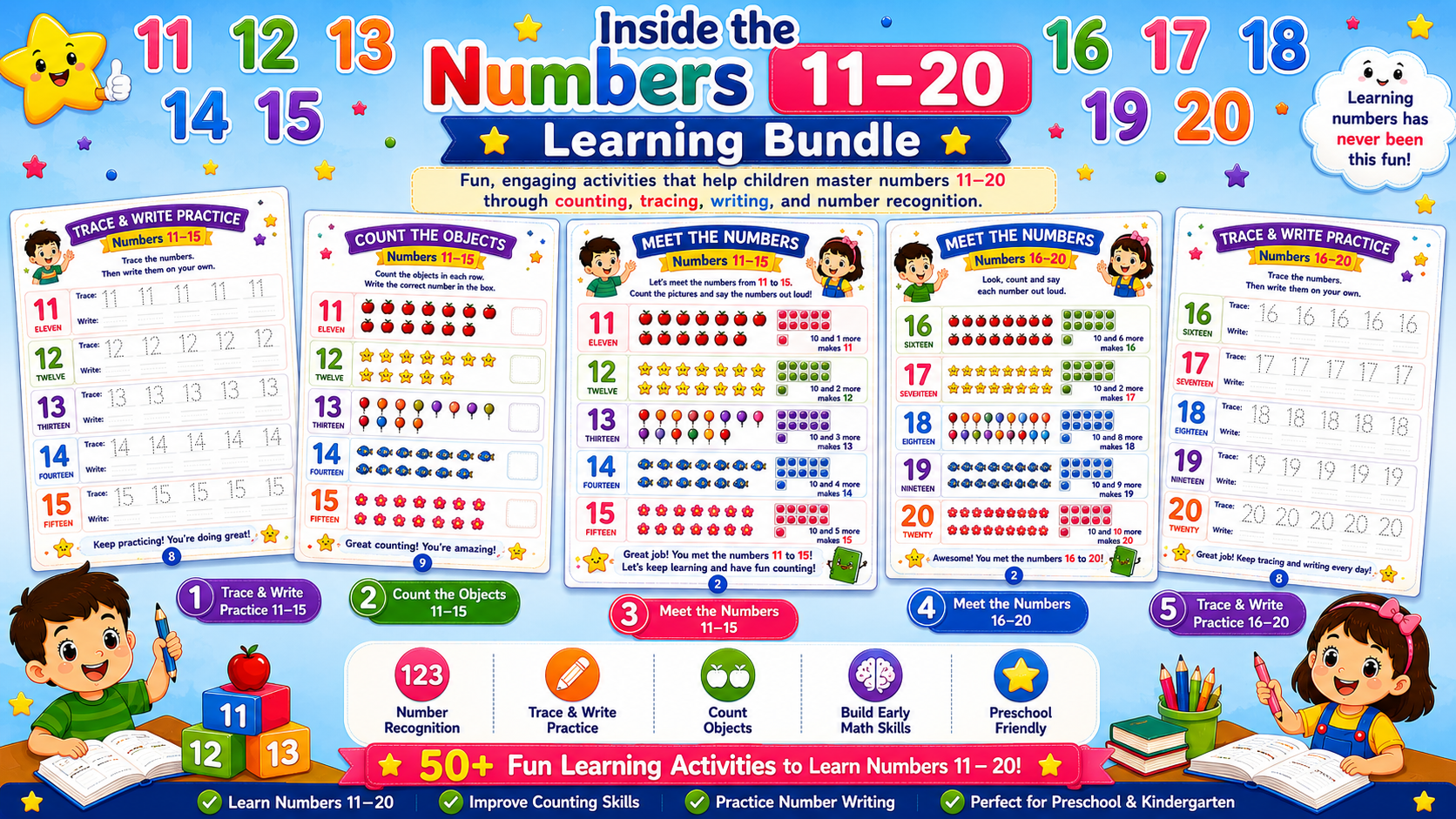 Number Learning Worksheets 11–20 – Printable Counting, Number Tracing & Math Activities for Kids Ages 3–6 | Digital PDF