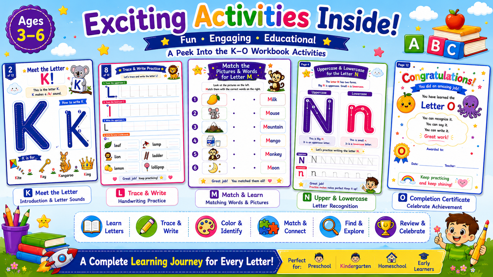 Alphabet Learning Worksheets K–O – Printable Letter Tracing & Phonics Activities for Kids Ages 3–6 | Digital PDF