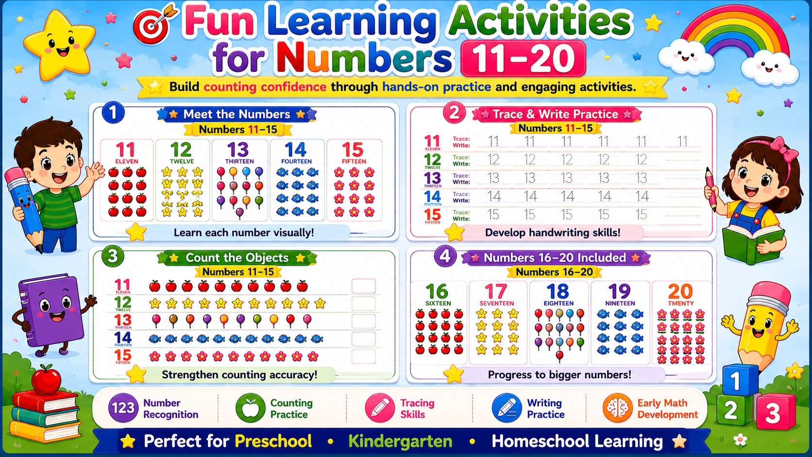 Number Learning Worksheets 11–20 – Printable Counting, Number Tracing & Math Activities for Kids Ages 3–6 | Digital PDF