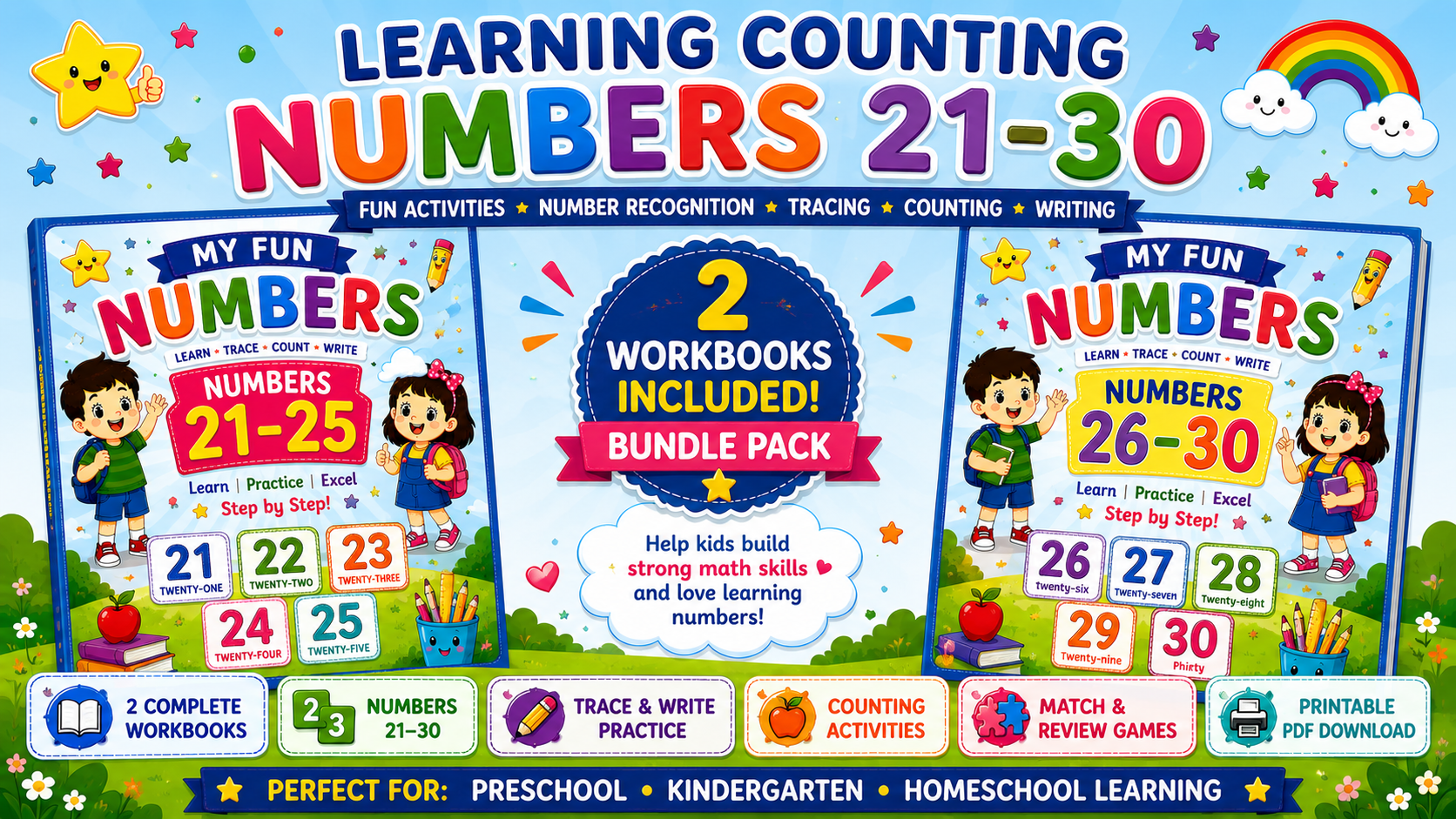 Number Learning Worksheets 21–30 – Printable Counting, Number Tracing & Math Activities for Kids Ages 3–6 | Digital PDF
