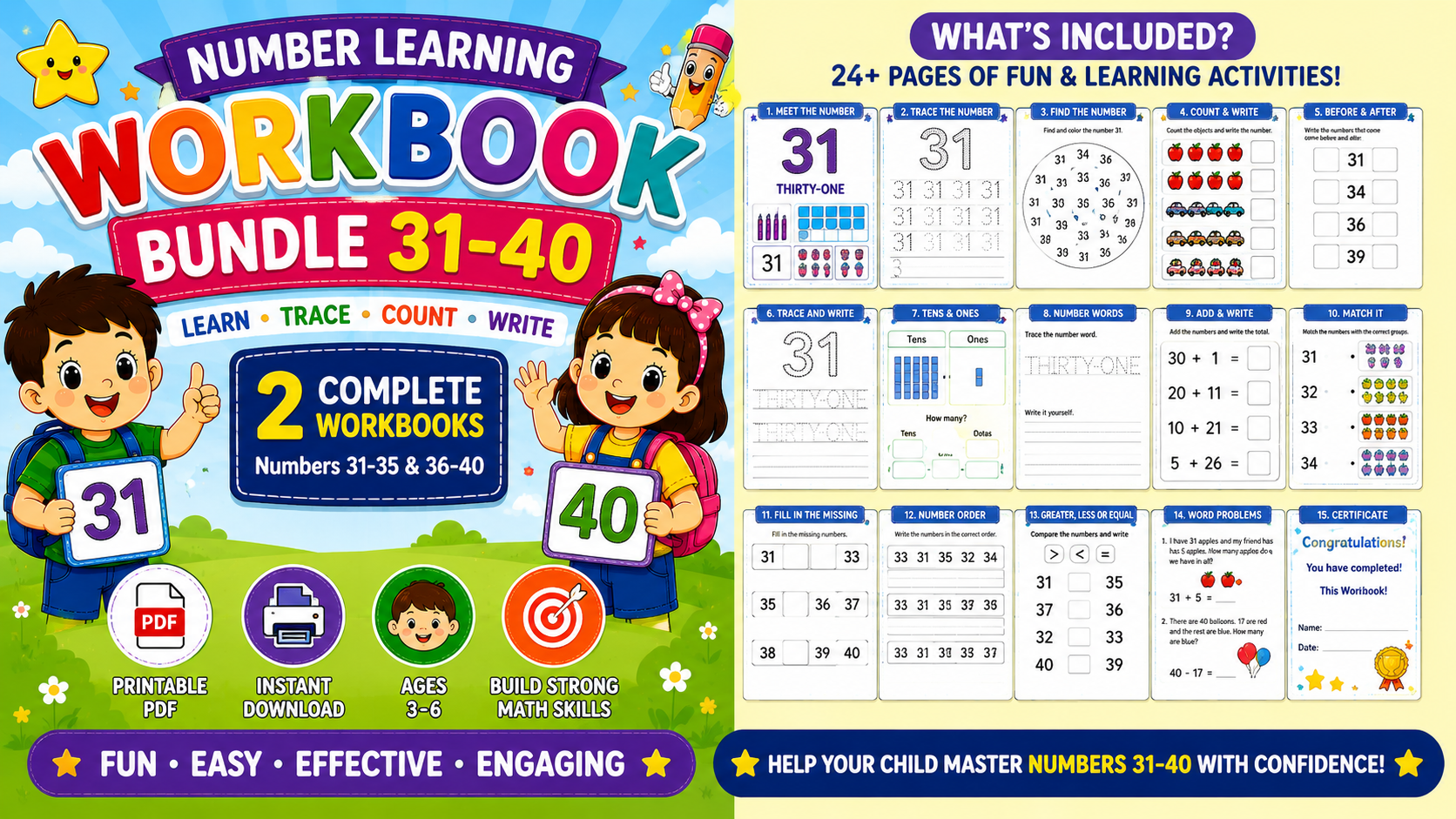 Number Learning Worksheets 31–40 – Printable Counting, Number Tracing & Math Activities for Kids Ages 3–6 | Digital PDF