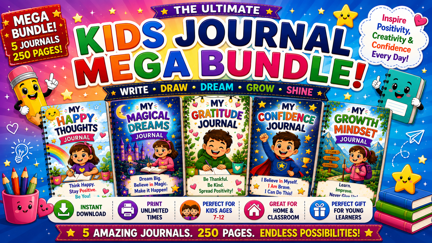 Kids Journal Mega Bundle – 5 Printable Reflection & Mindfulness Journals for Kids Ages 7–12 | Digital PDF Bundle