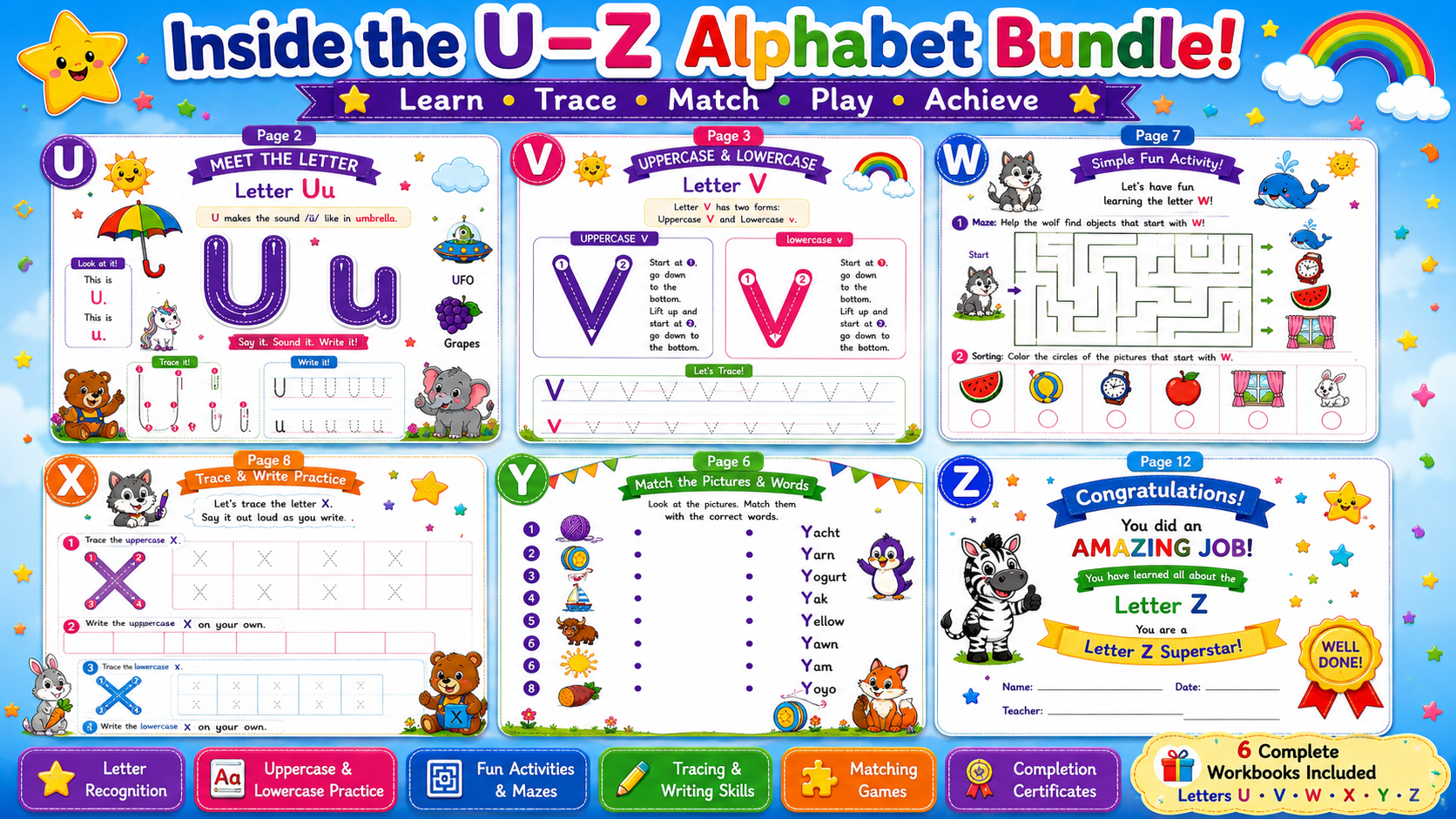 Alphabet Learning Worksheets U–Z – Printable Letter Tracing & Phonics Activities for Kids Ages 3–6 | Digital PDF
