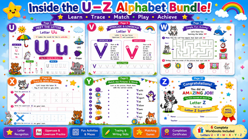 Alphabet Learning Worksheets U–Z – Printable Letter Tracing & Phonics Activities for Kids Ages 3–6 | Digital PDF