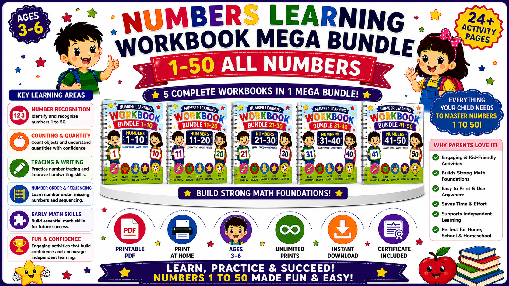 Number Learning Mega Bundle 1–50 – 5 Printable Counting, Number Tracing & Math Worksheet Sets for Kids Ages 3–6 | Digital PDF Bundle