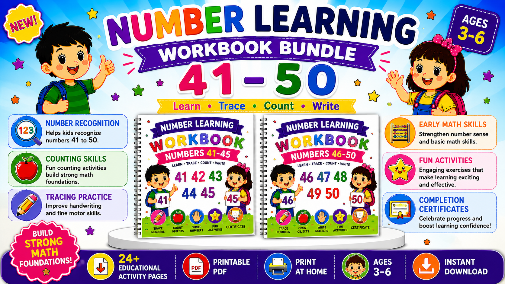 Number Learning Worksheets 41–50 – Printable Counting, Number Tracing & Math Activities for Kids Ages 3–6 | Digital PDF