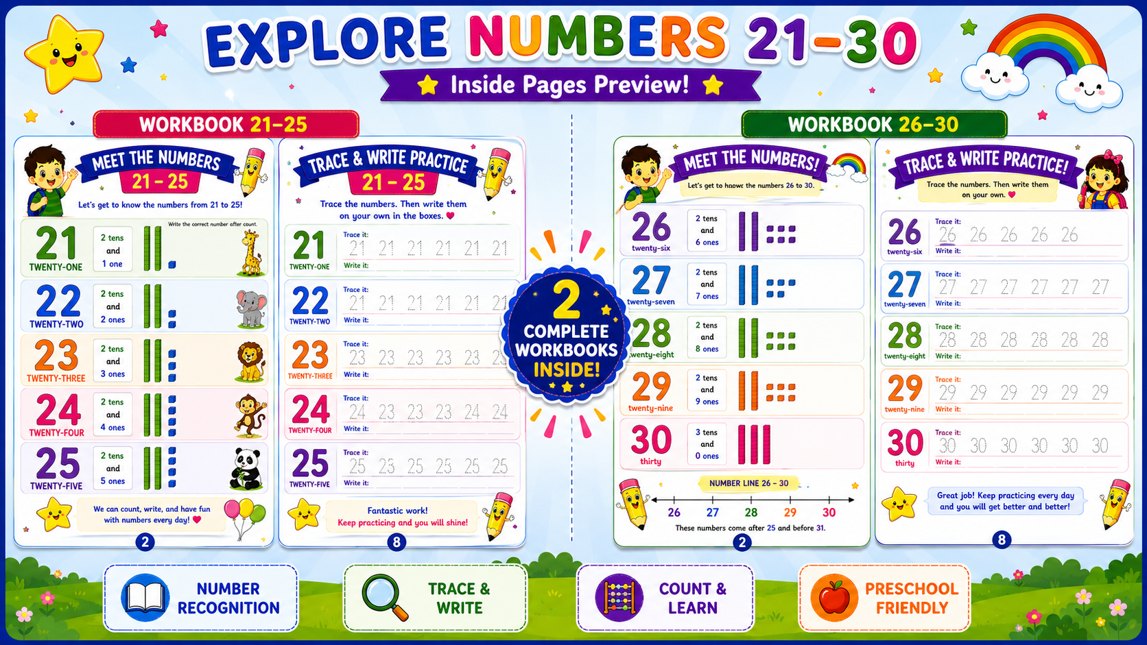 Number Learning Worksheets 21–30 – Printable Counting, Number Tracing & Math Activities for Kids Ages 3–6 | Digital PDF