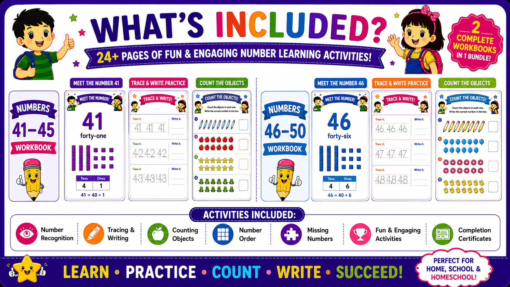 Number Learning Worksheets 41–50 – Printable Counting, Number Tracing & Math Activities for Kids Ages 3–6 | Digital PDF